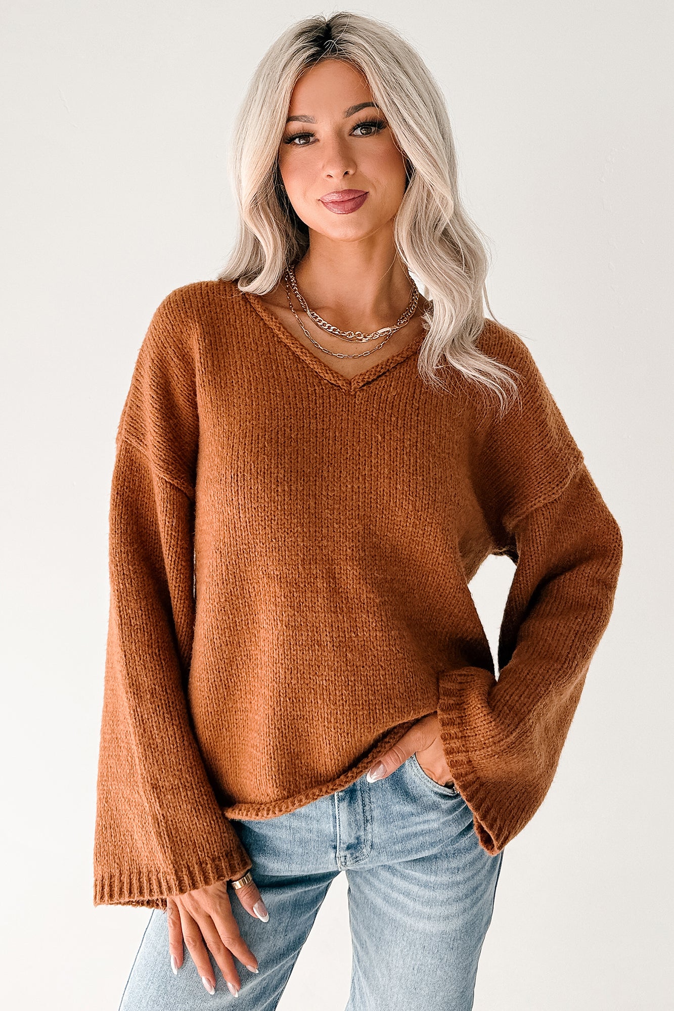 Coffee Talks Chunky V-Neck Sweater (Brown)-The Formal Wear