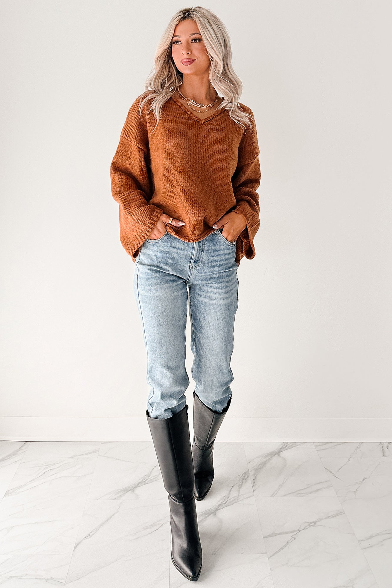 Coffee Talks Chunky V-Neck Sweater (Brown)-The Formal Wear