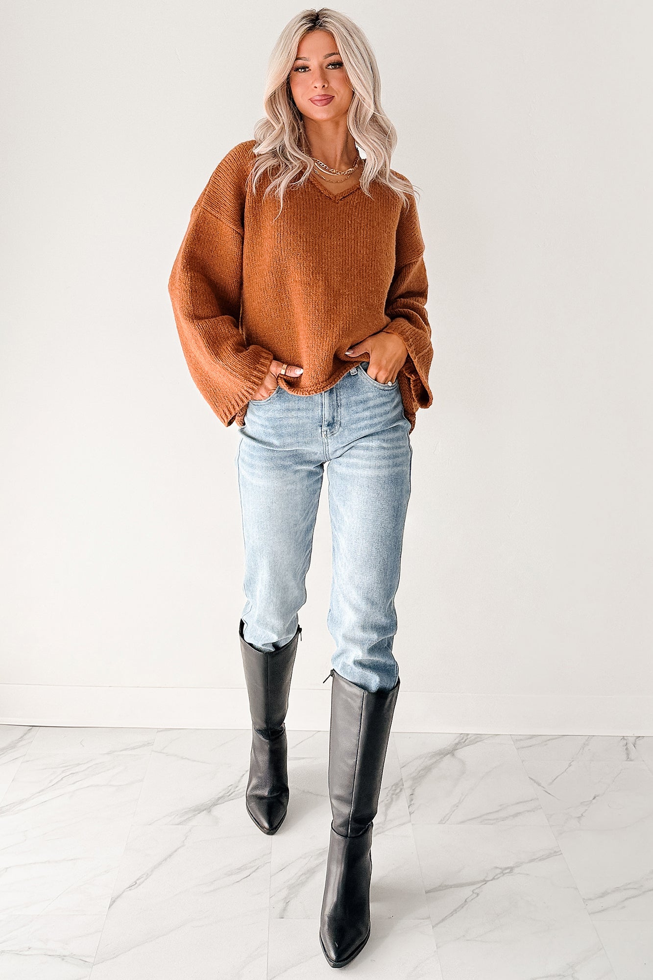 Coffee Talks Chunky V-Neck Sweater (Brown)-The Formal Wear