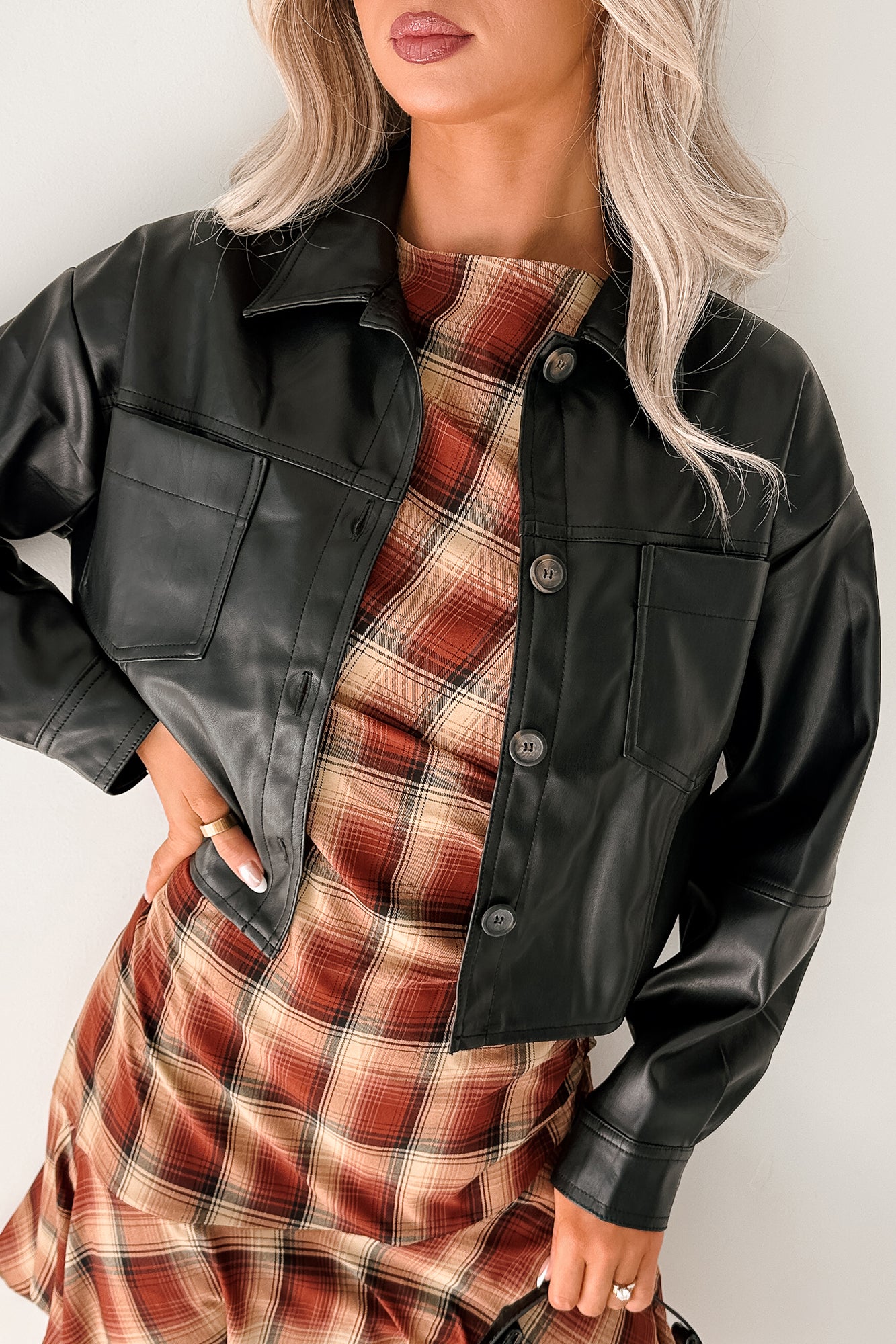 Minimal Motion Faux Leather Button-Up Jacket (Black)-The Formal Wear