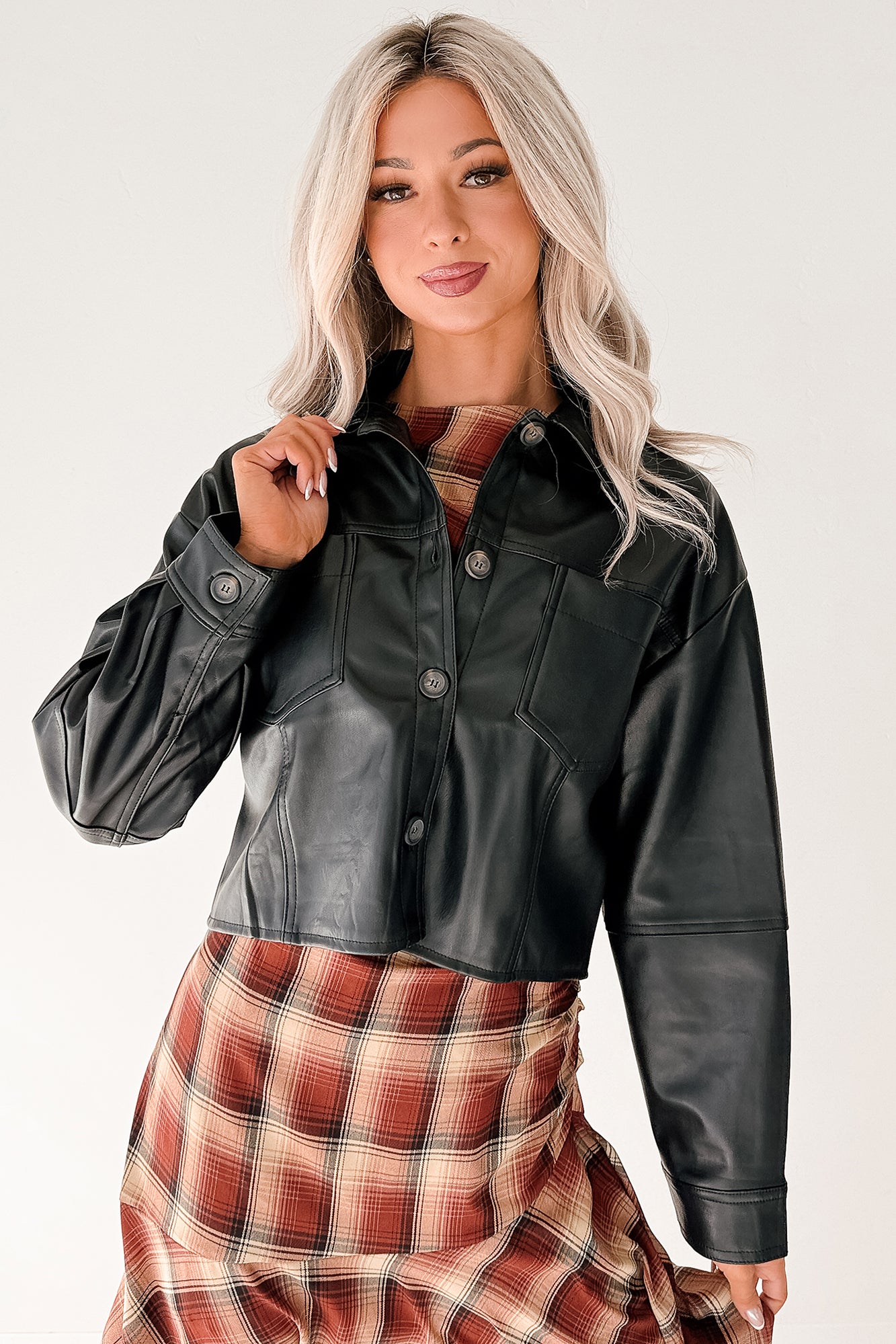Minimal Motion Faux Leather Button-Up Jacket (Black)-The Formal Wear