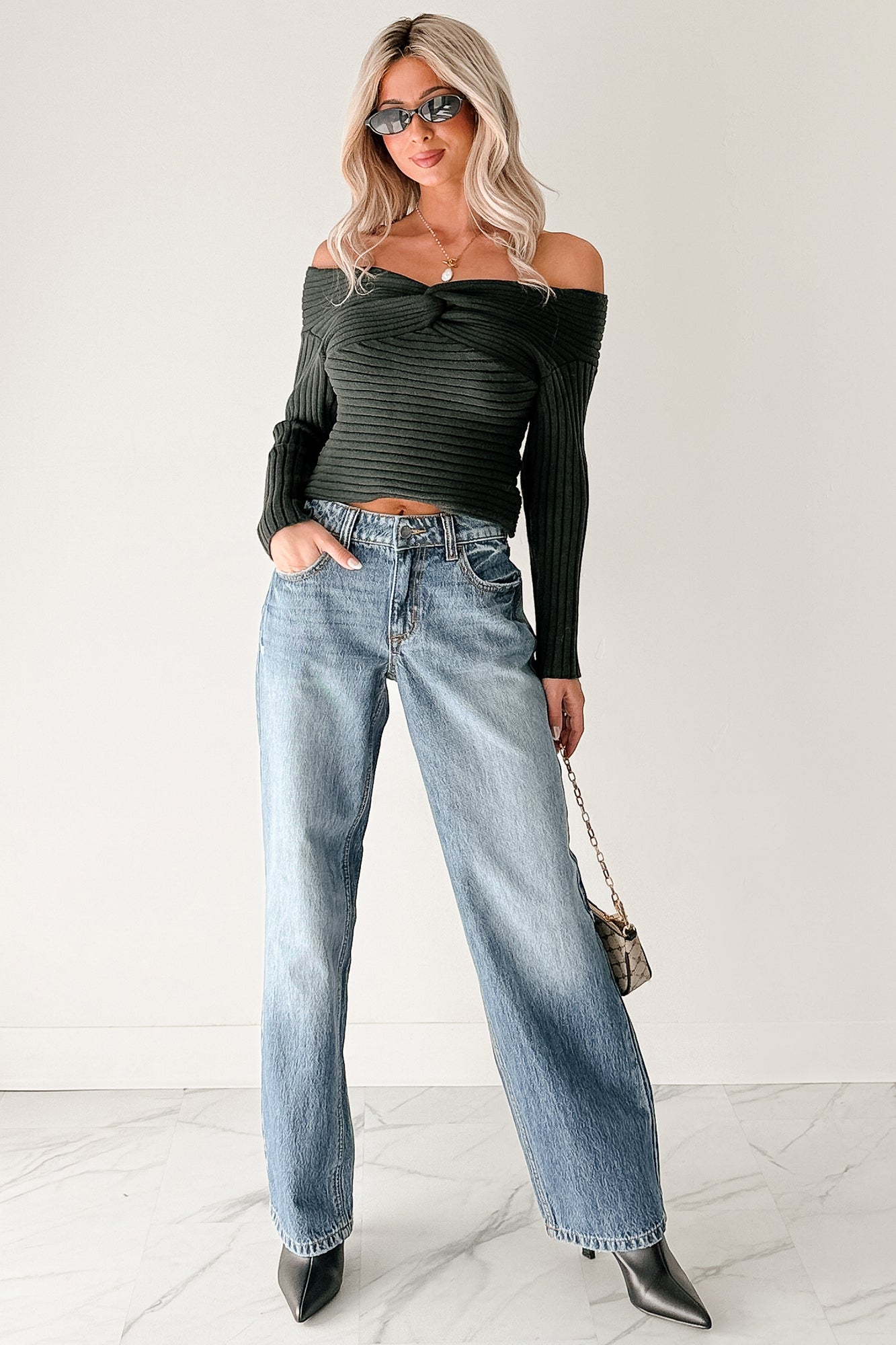 Soft Mirage Off The Shoulder Cable Knit Top (Green)-The Formal Wear