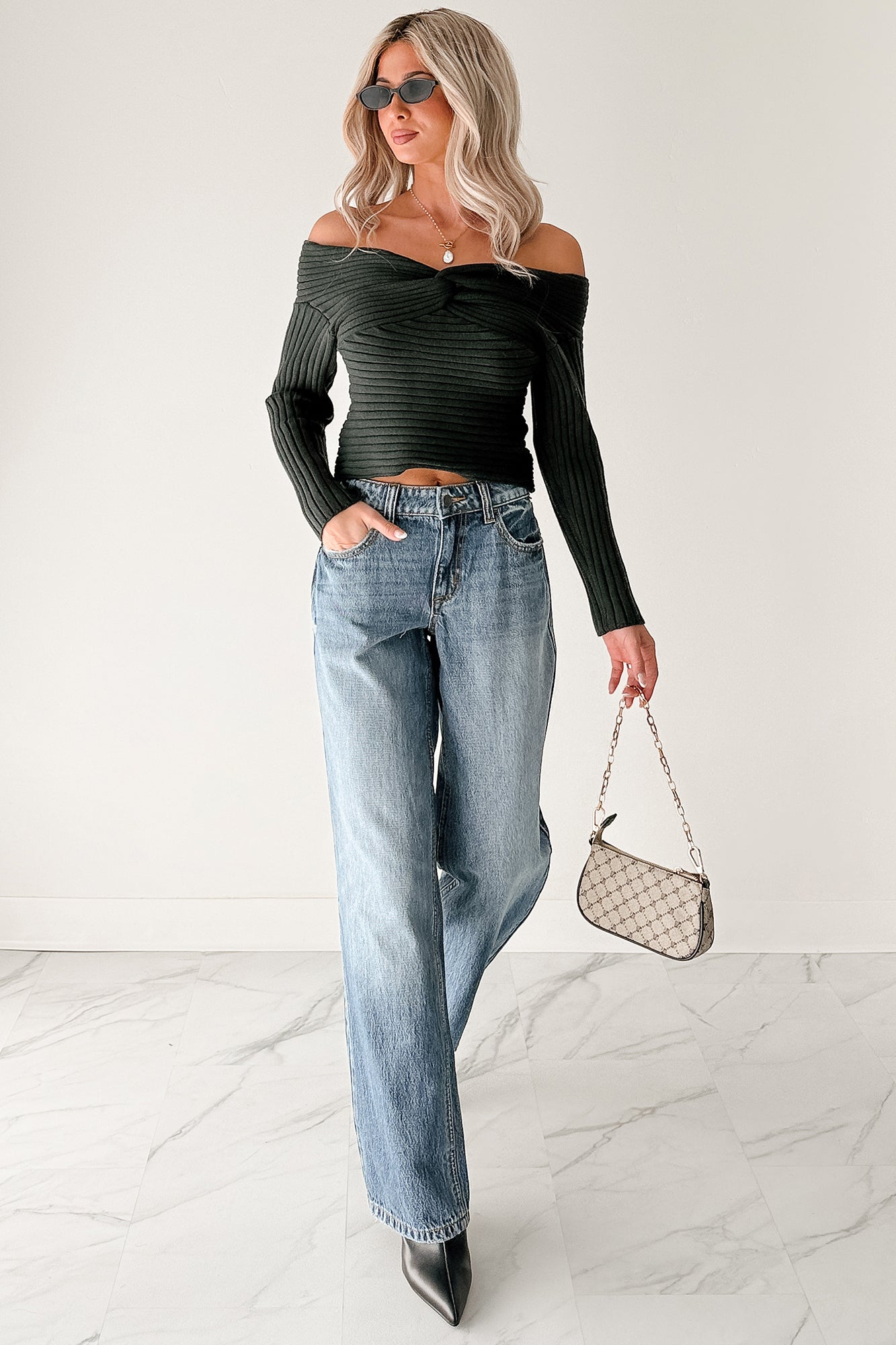 Soft Mirage Off The Shoulder Cable Knit Top (Green)-The Formal Wear