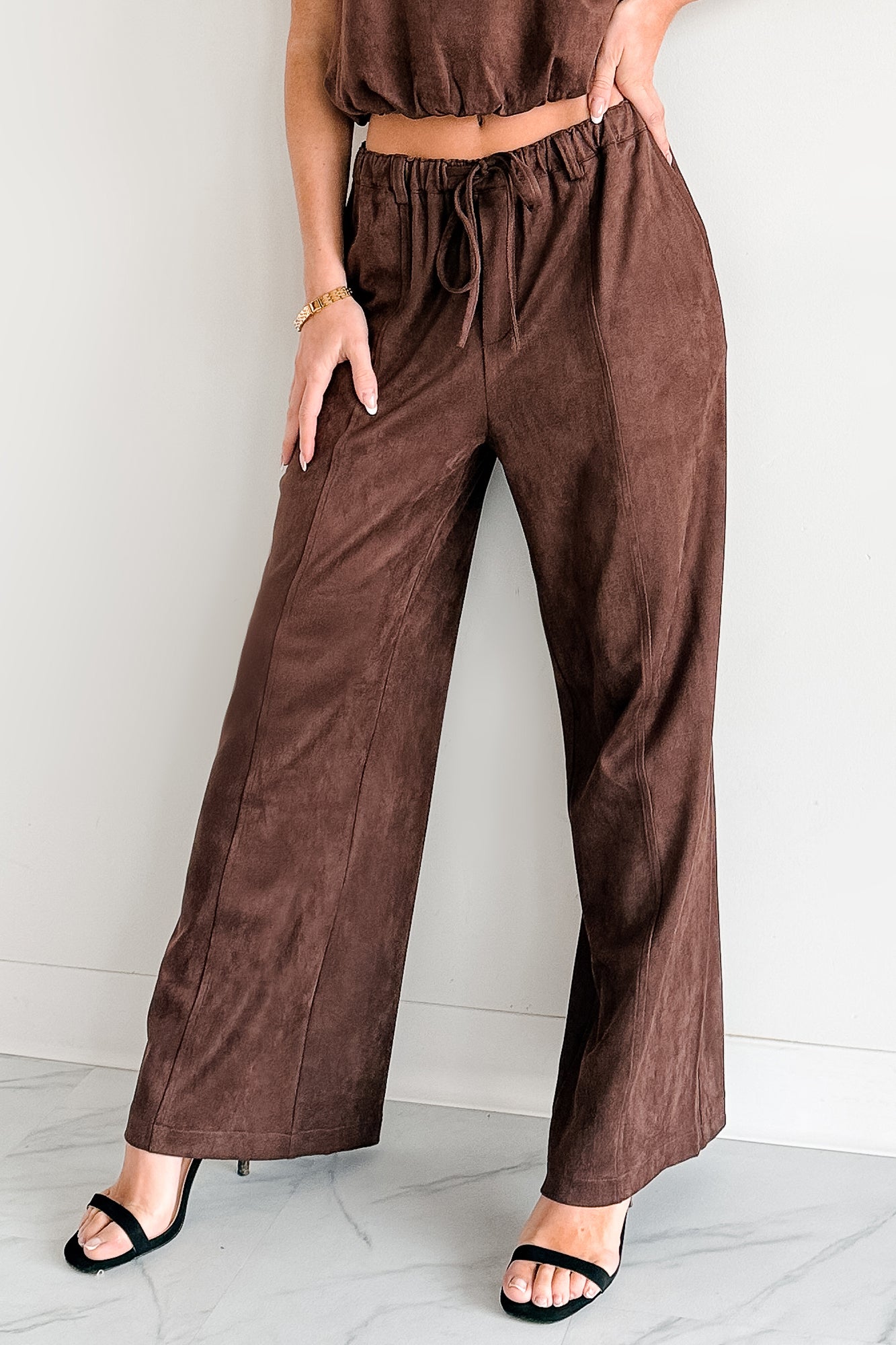 Daily Standard Faux Suede Wide Leg Pants (Brown)-The Formal Wear
