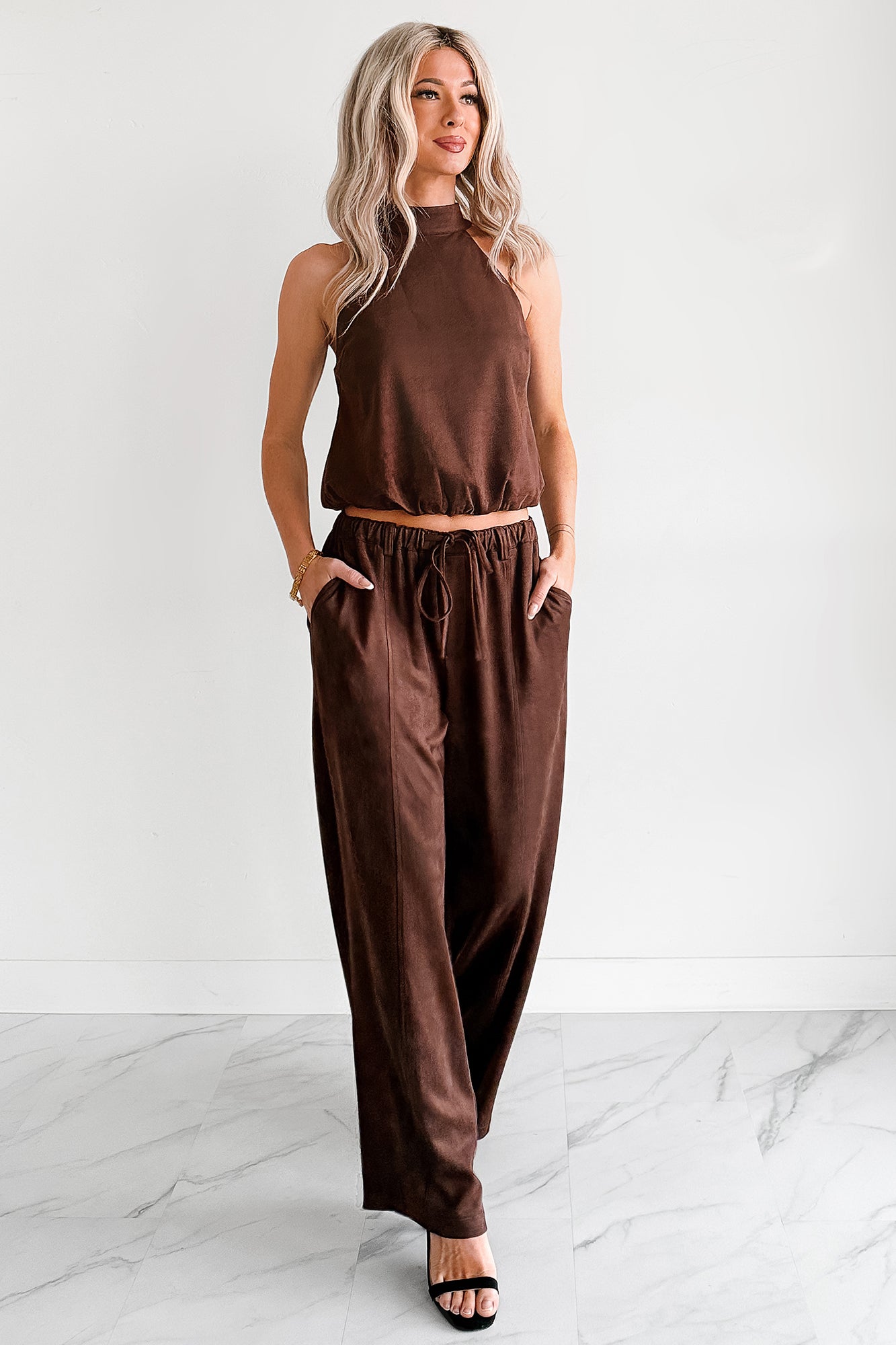 Daily Standard Faux Suede Wide Leg Pants (Brown)-The Formal Wear