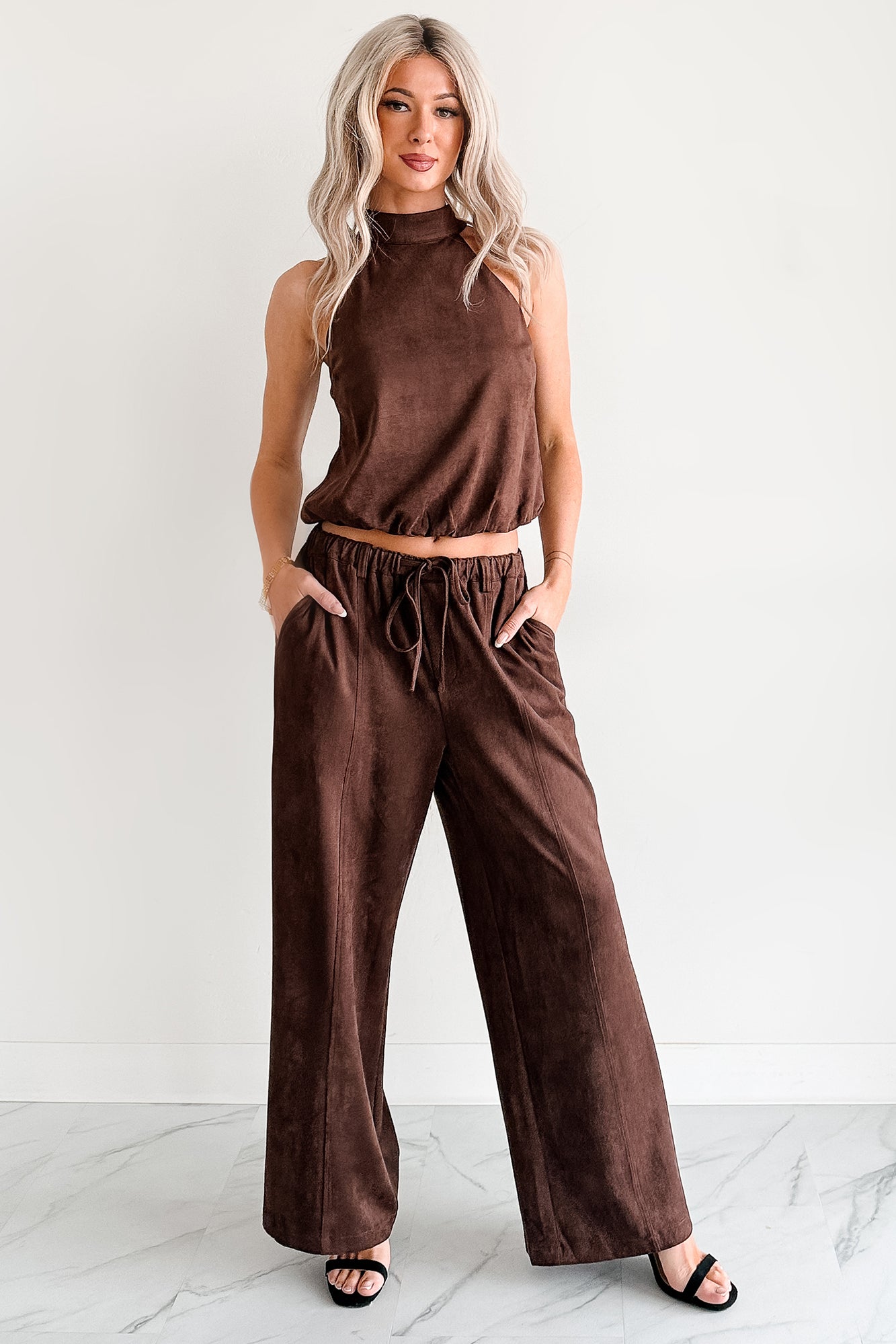Daily Standard Faux Suede Wide Leg Pants (Brown)-The Formal Wear