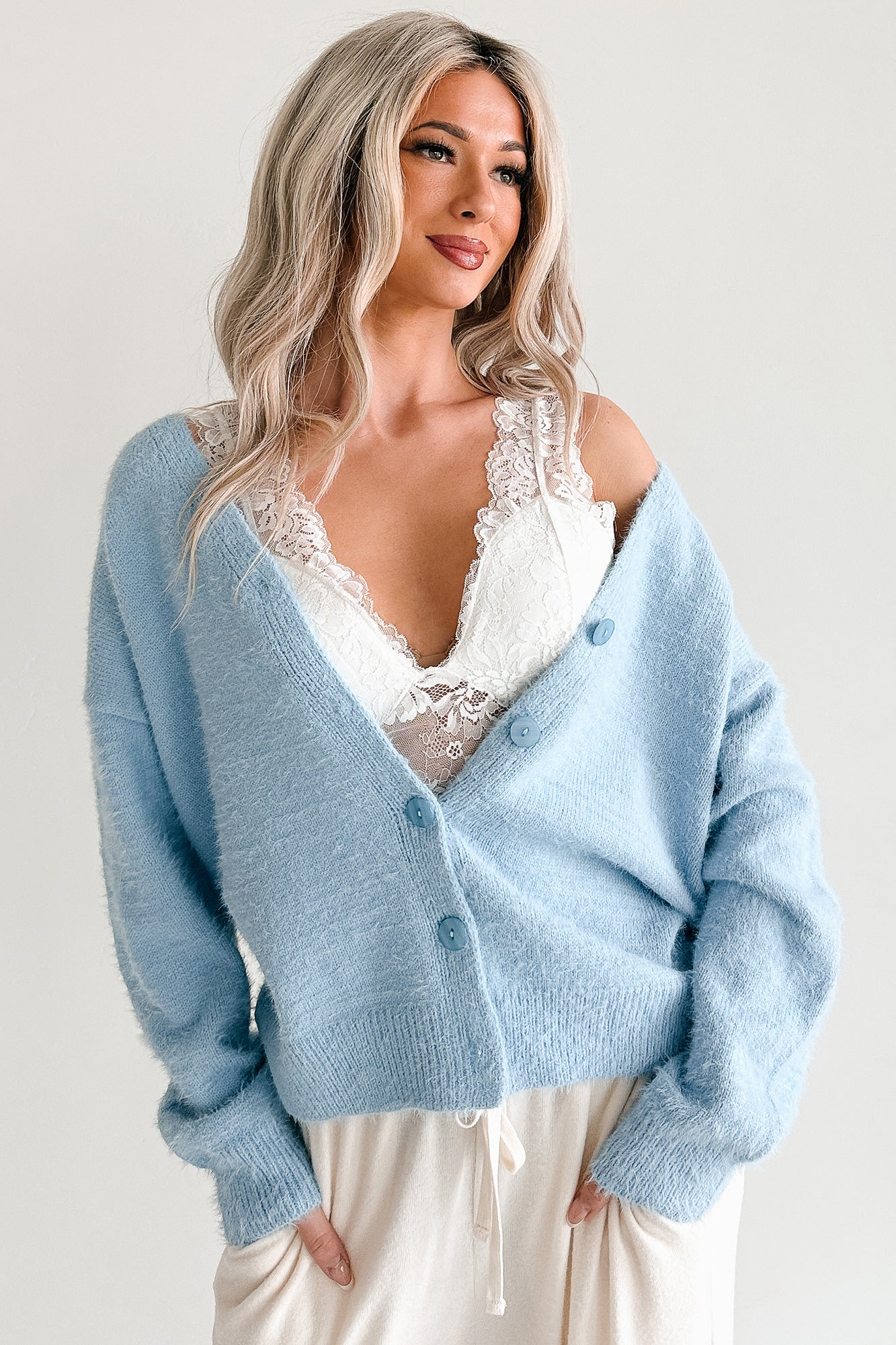 Perfected Comfort Fuzzy V-Neck Cardigan (Light Blue)-The Formal Wear