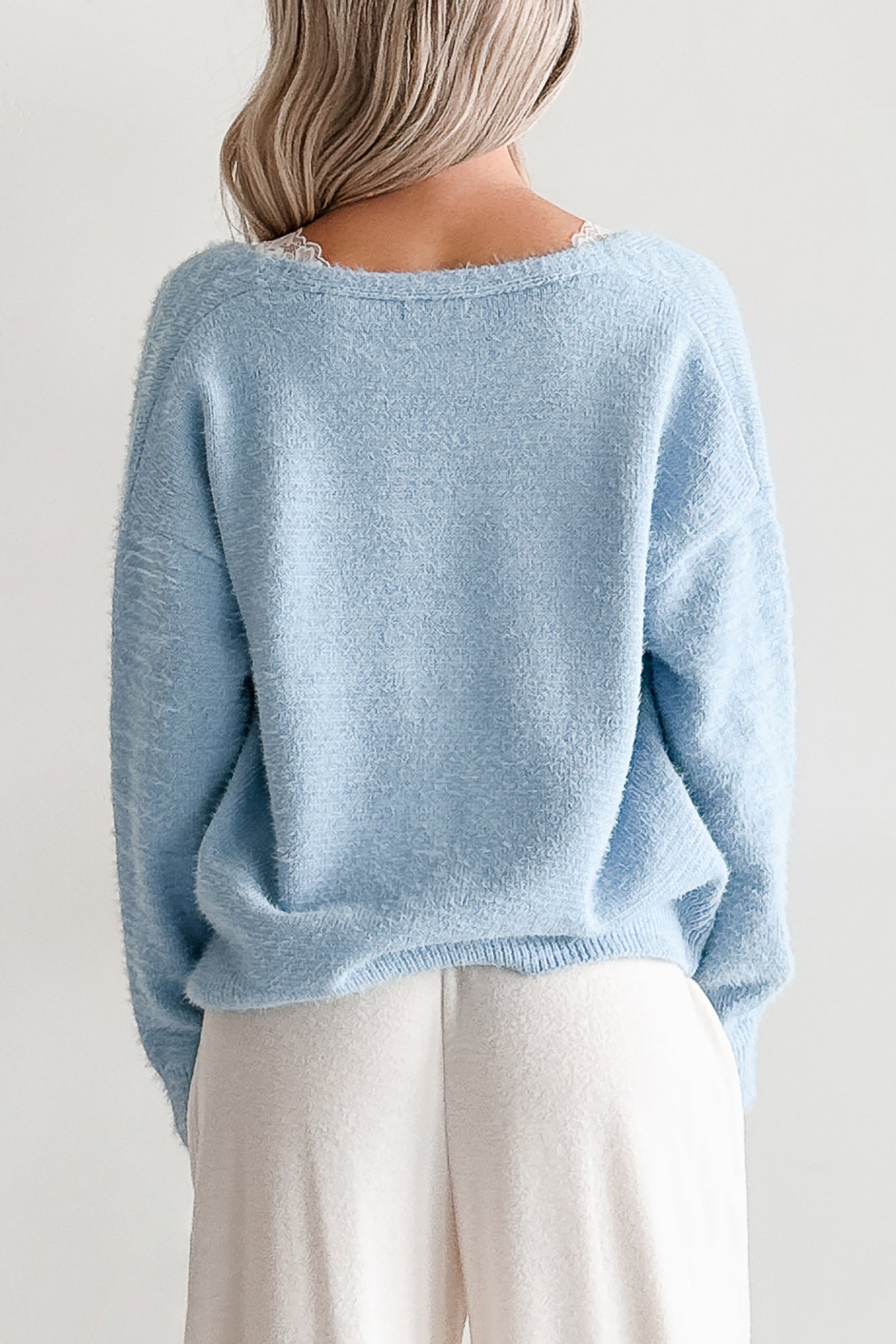 Perfected Comfort Fuzzy V-Neck Cardigan (Light Blue)-The Formal Wear