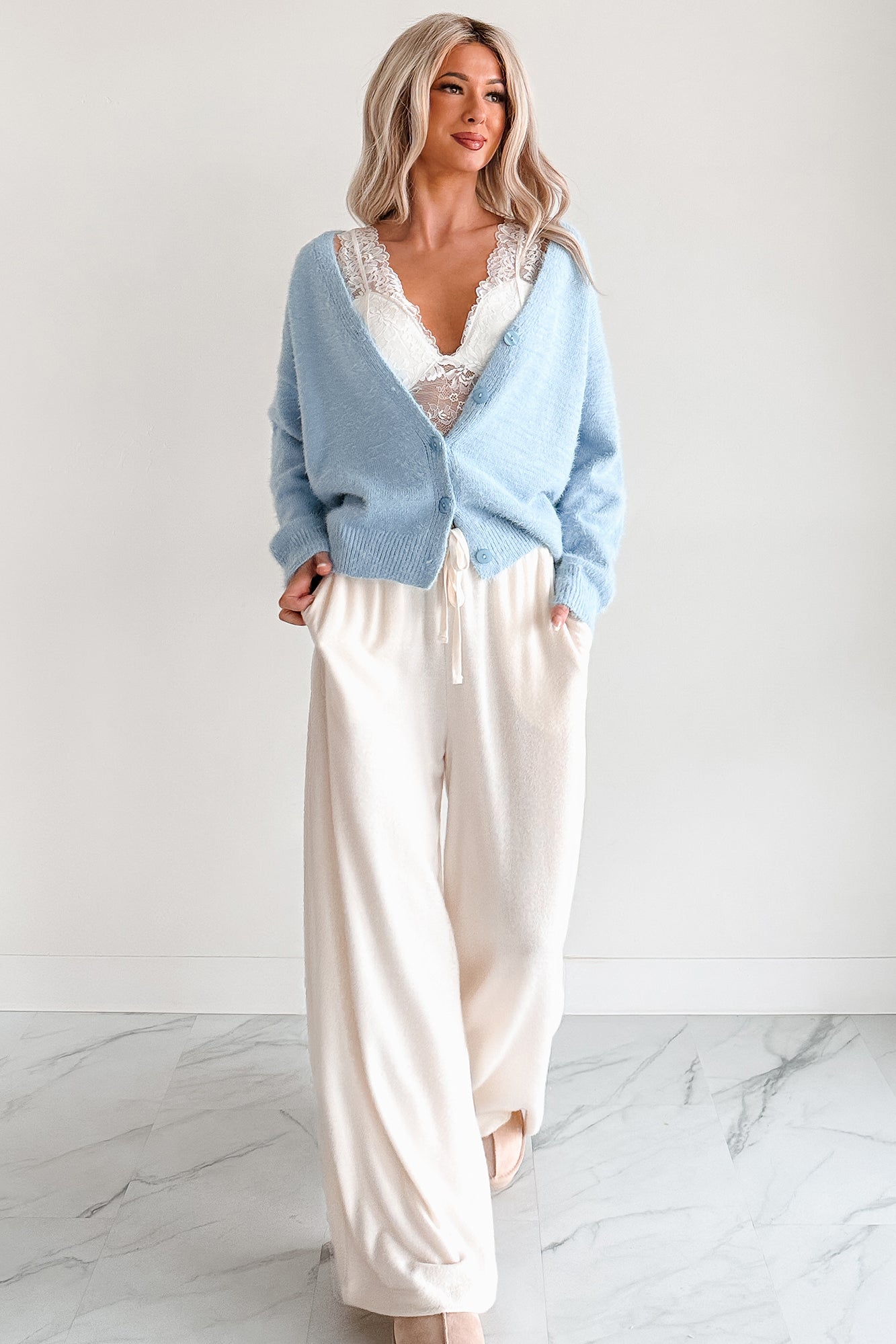 Perfected Comfort Fuzzy V-Neck Cardigan (Light Blue)-The Formal Wear