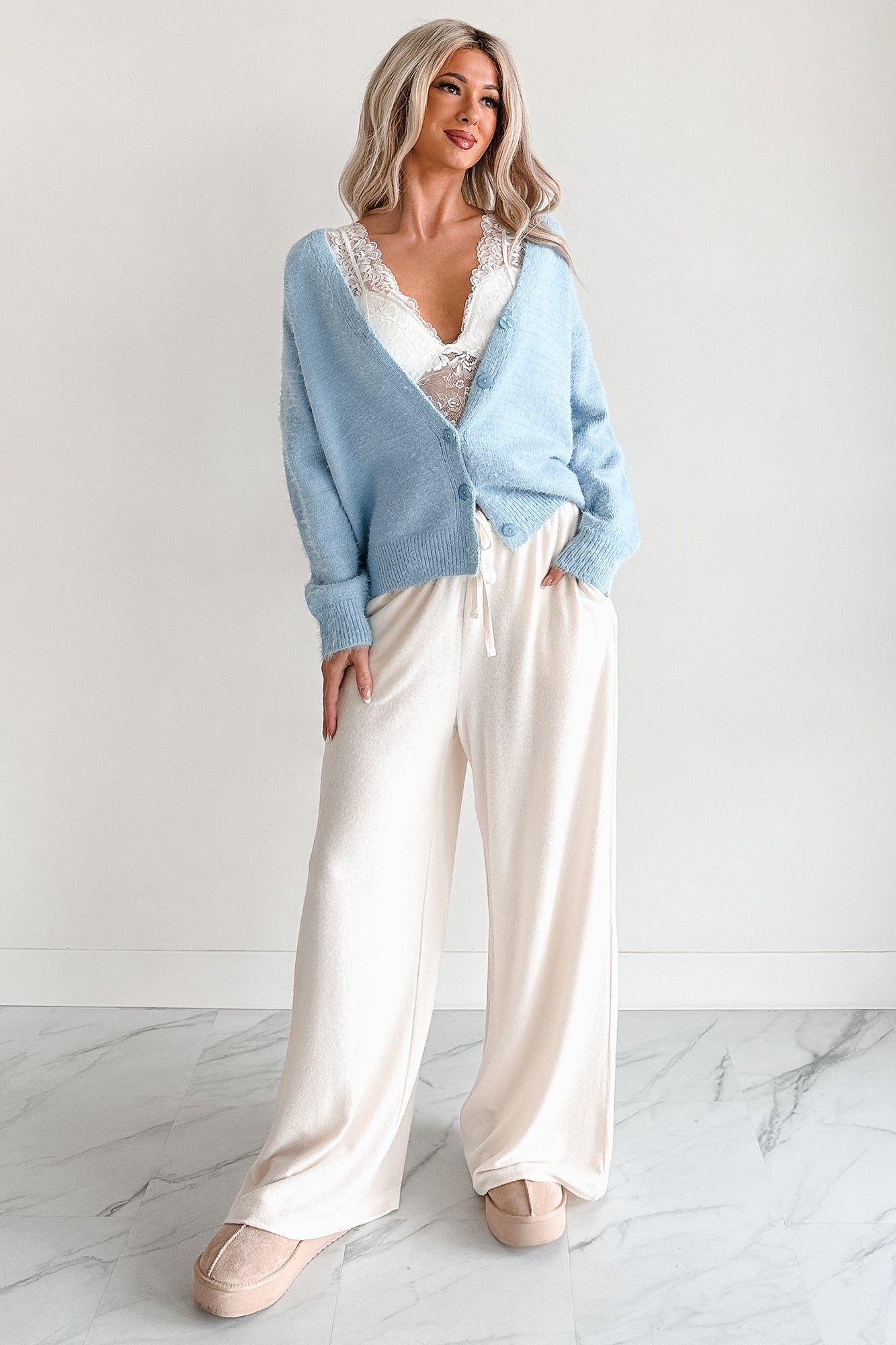 Perfected Comfort Fuzzy V-Neck Cardigan (Light Blue)-The Formal Wear