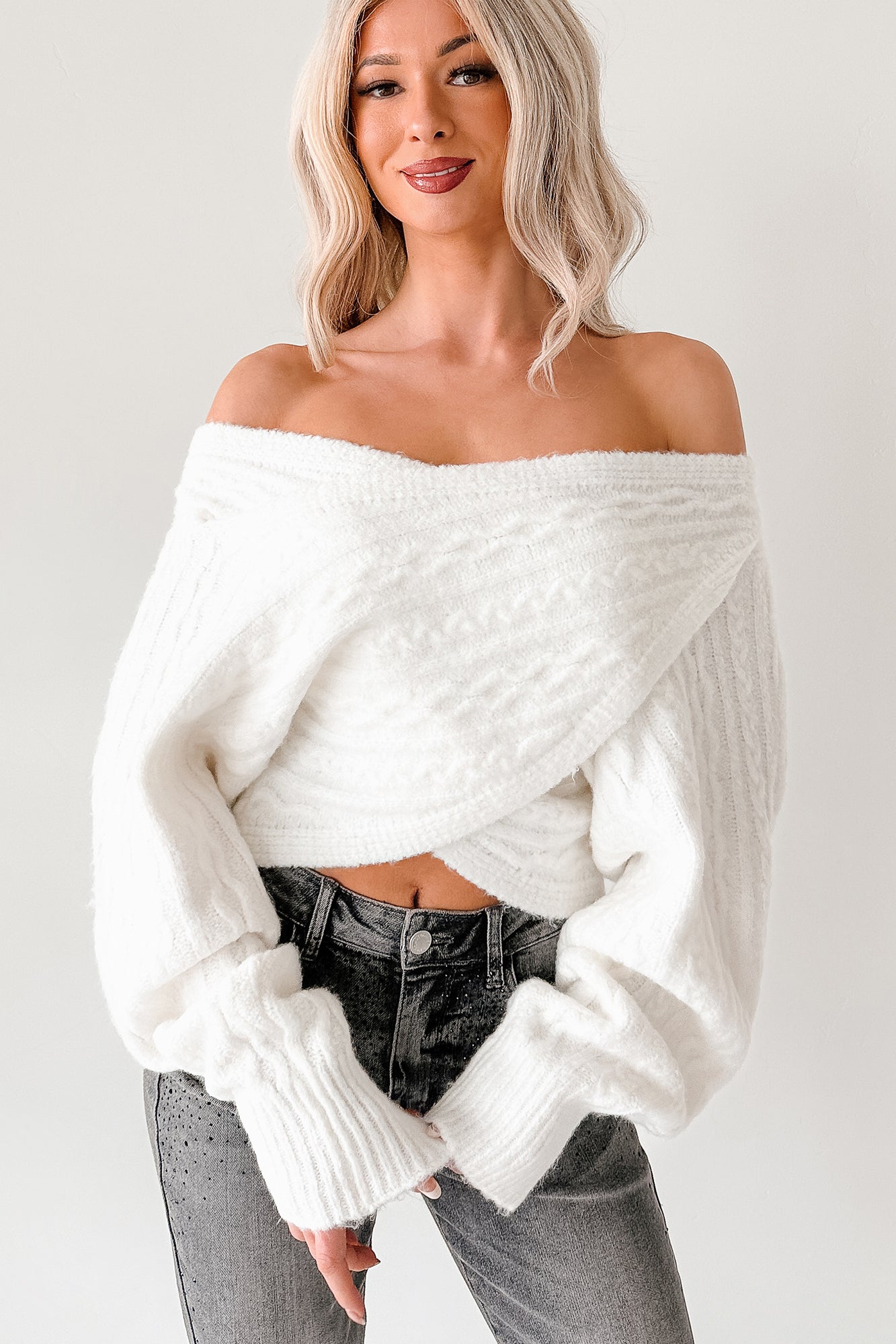 Cocoa Breaks Wrap Front Knit Sweater (Ivory)-The Formal Wear