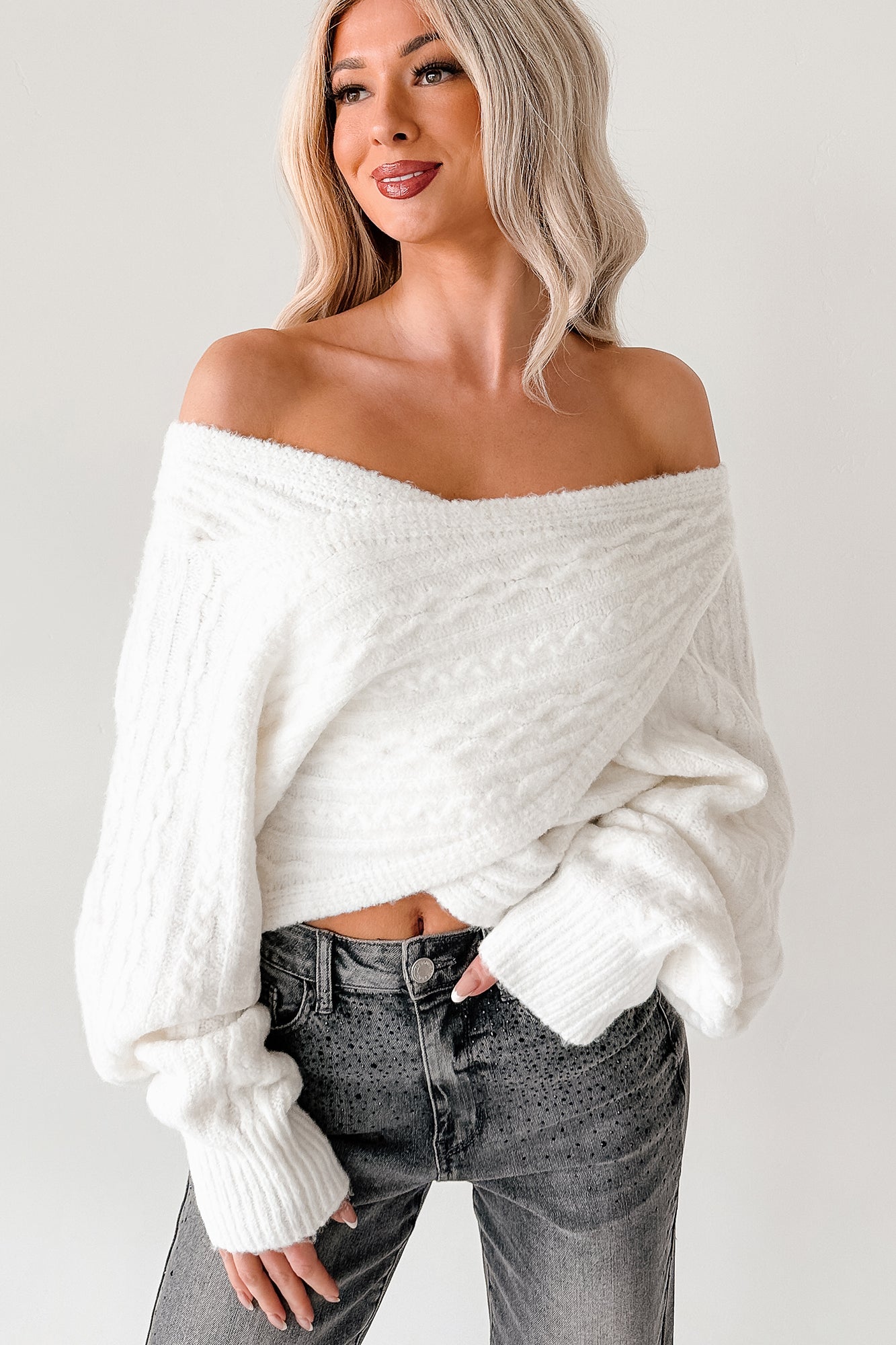 Cocoa Breaks Wrap Front Knit Sweater (Ivory)-The Formal Wear
