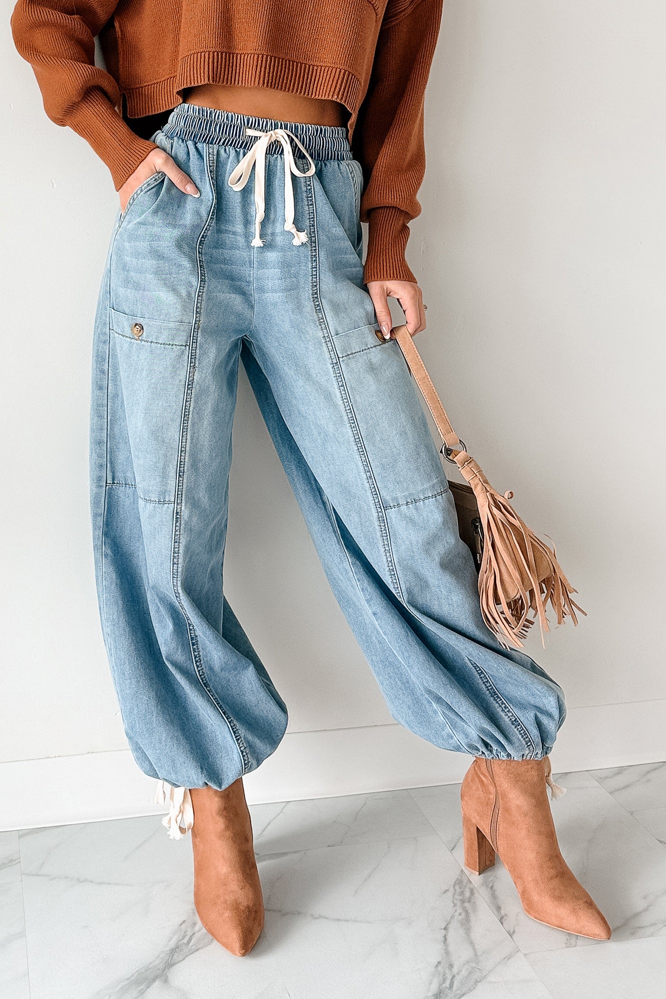 Restless Soul Denim Wide Leg Drawstring Pants (Light)-The Formal Wear
