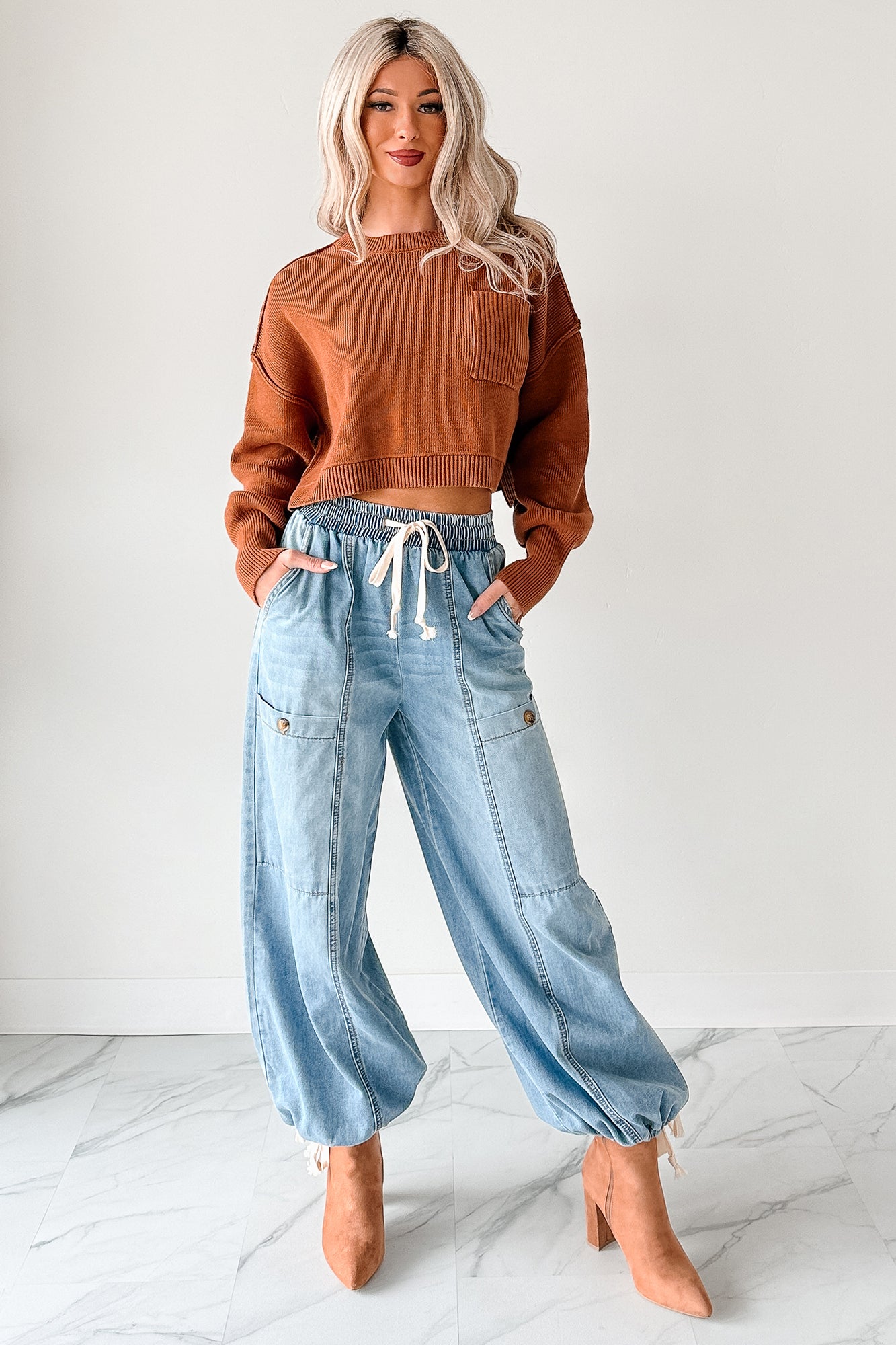 Restless Soul Denim Wide Leg Drawstring Pants (Light)-The Formal Wear