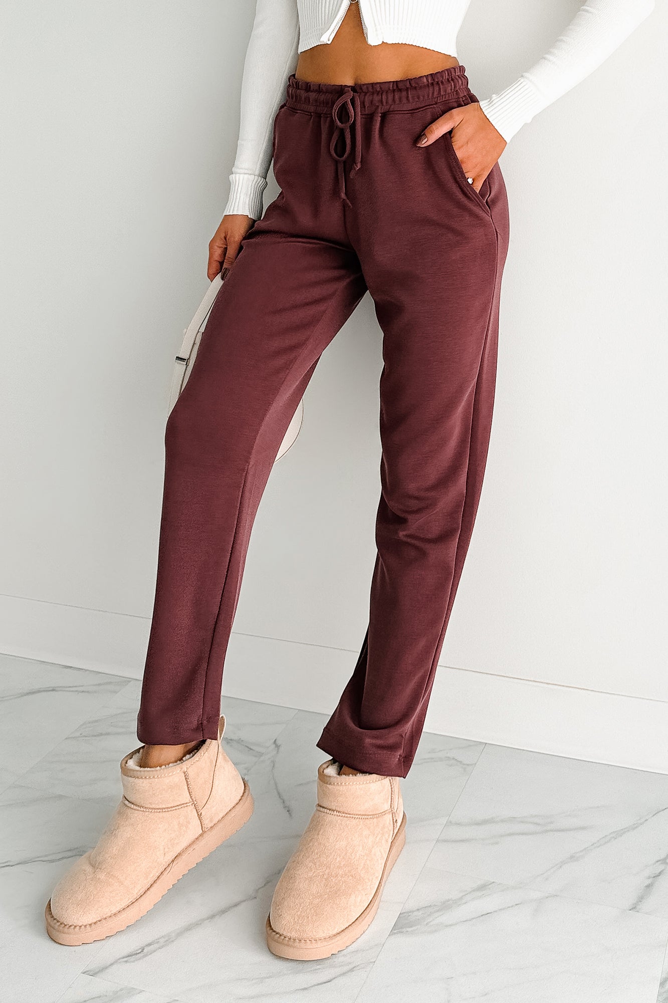 Chasing Goals Soft Front Tie Cropped Jogger Pants (Maroon)-The Formal Wear