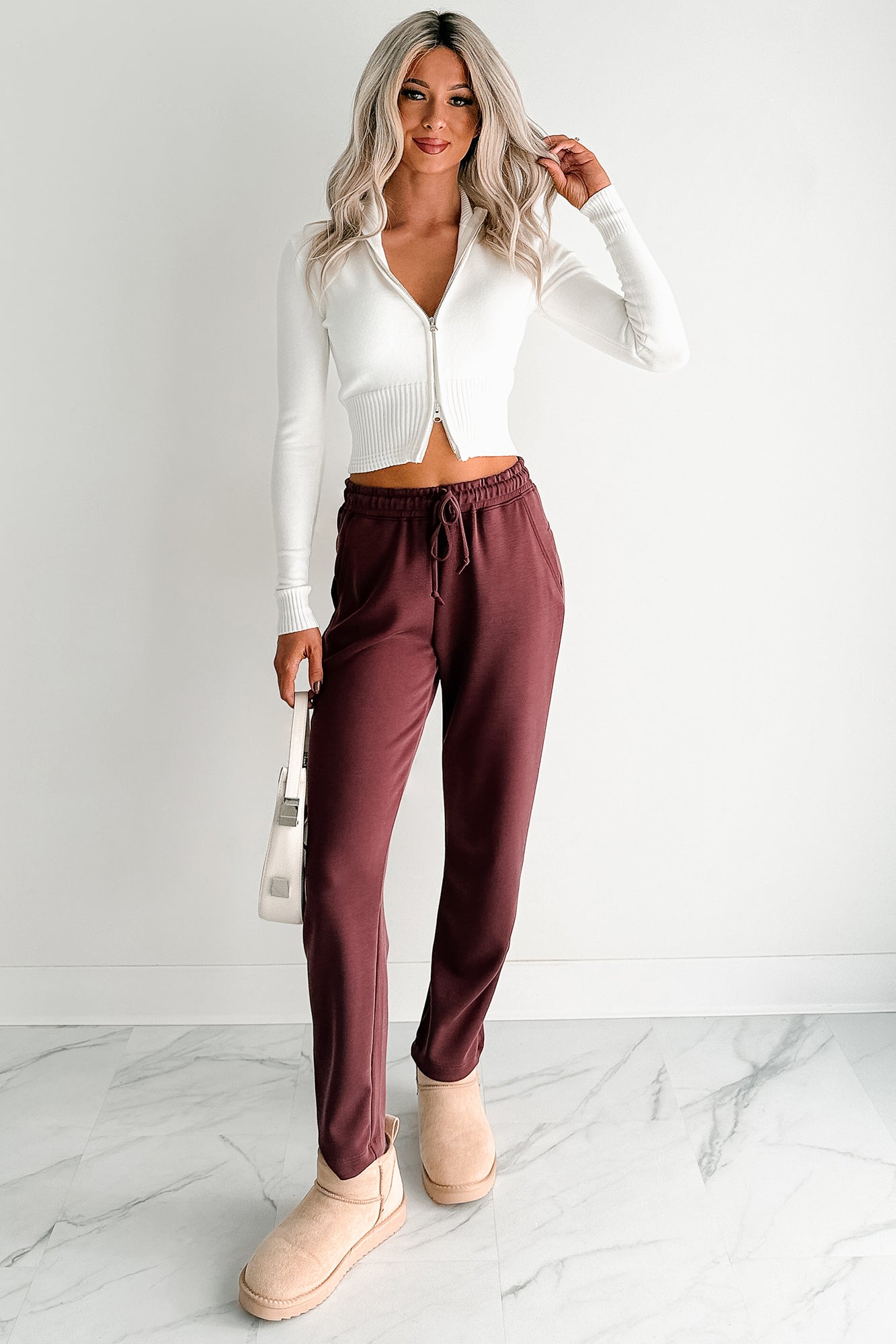 Chasing Goals Soft Front Tie Cropped Jogger Pants (Maroon)-The Formal Wear