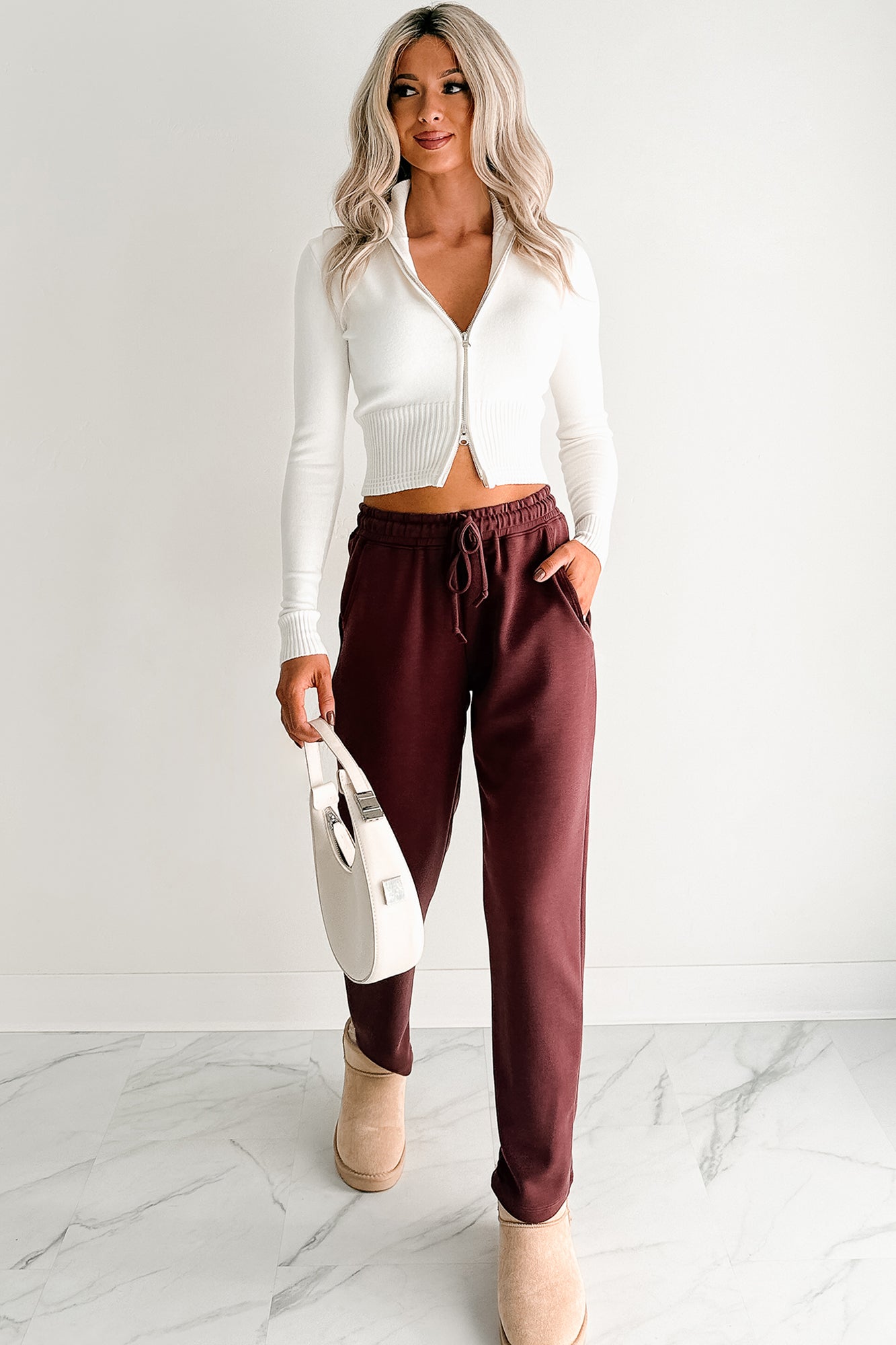 Chasing Goals Soft Front Tie Cropped Jogger Pants (Maroon)-The Formal Wear