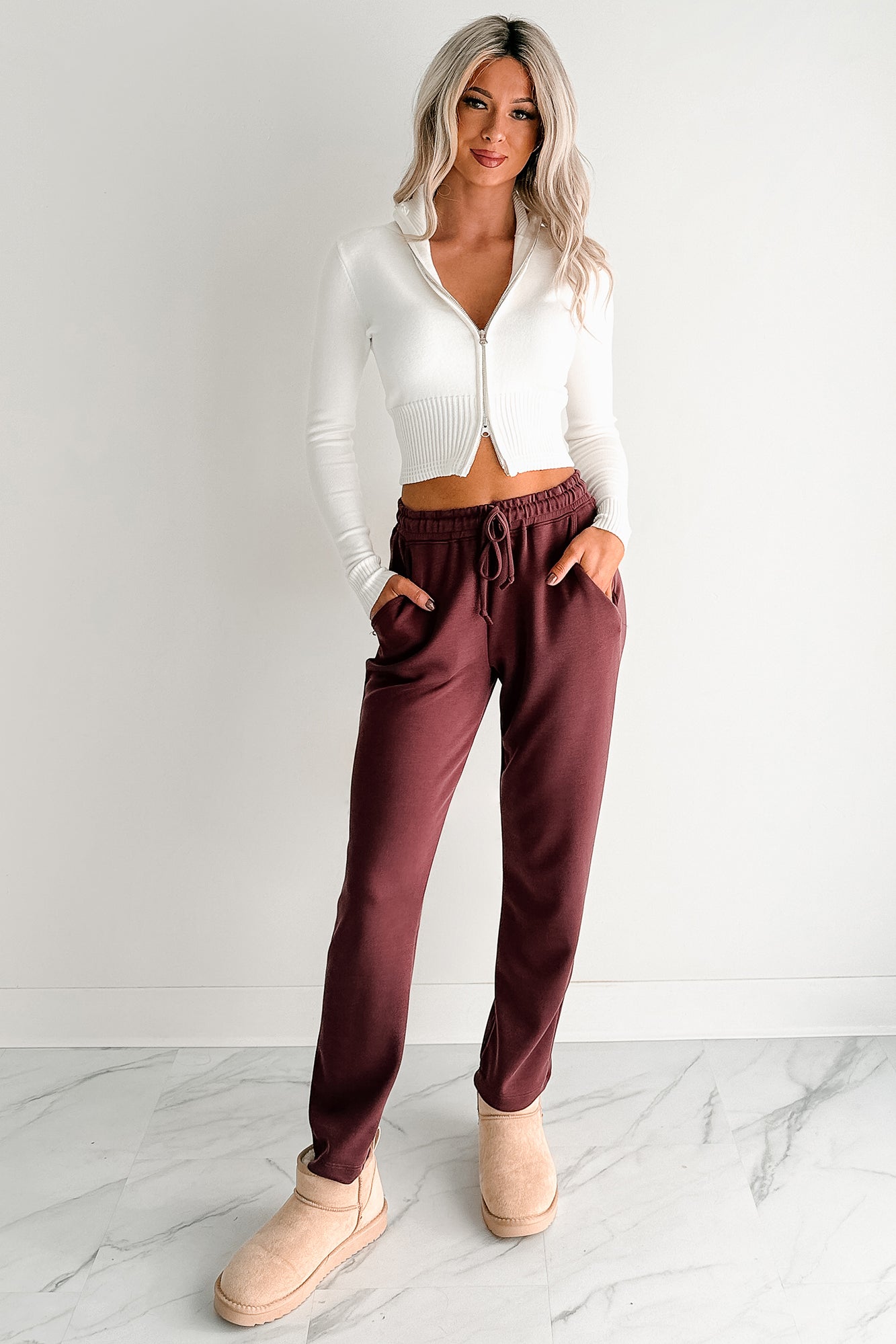 Chasing Goals Soft Front Tie Cropped Jogger Pants (Maroon)-The Formal Wear
