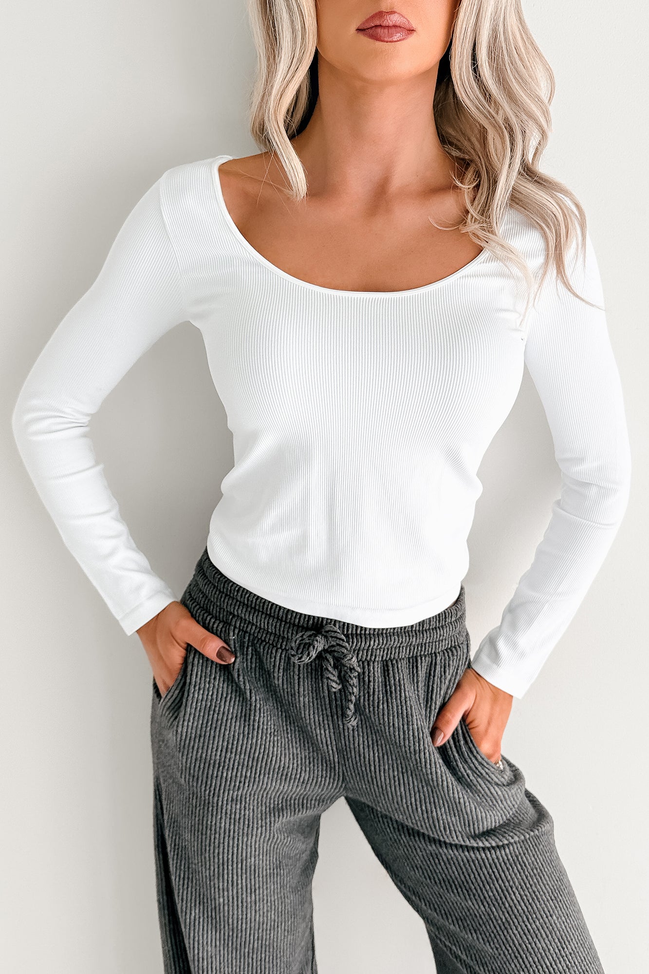 Natural Glow Scoop Neck Ribbed Top (White)-The Formal Wear