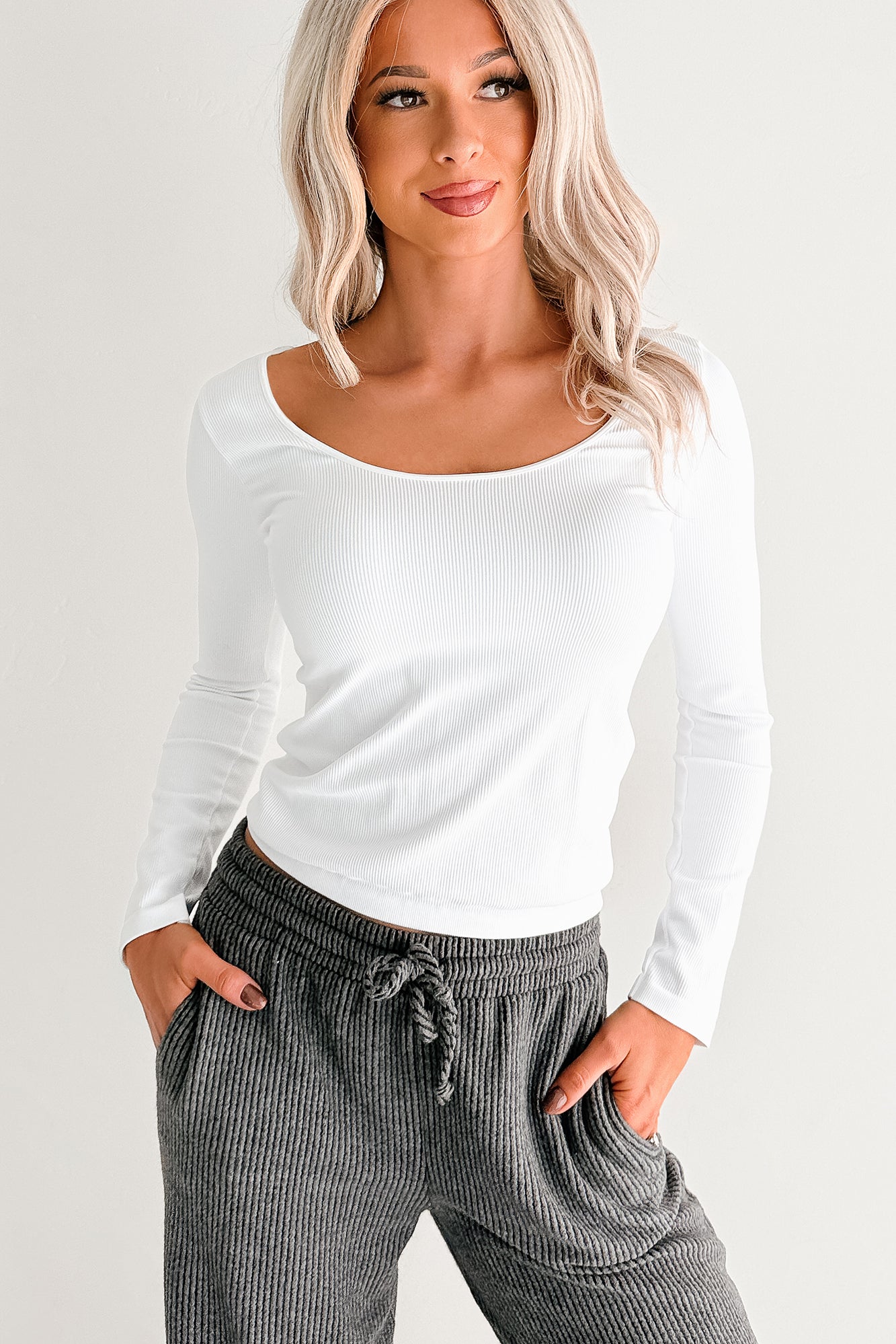 Natural Glow Scoop Neck Ribbed Top (White)-The Formal Wear