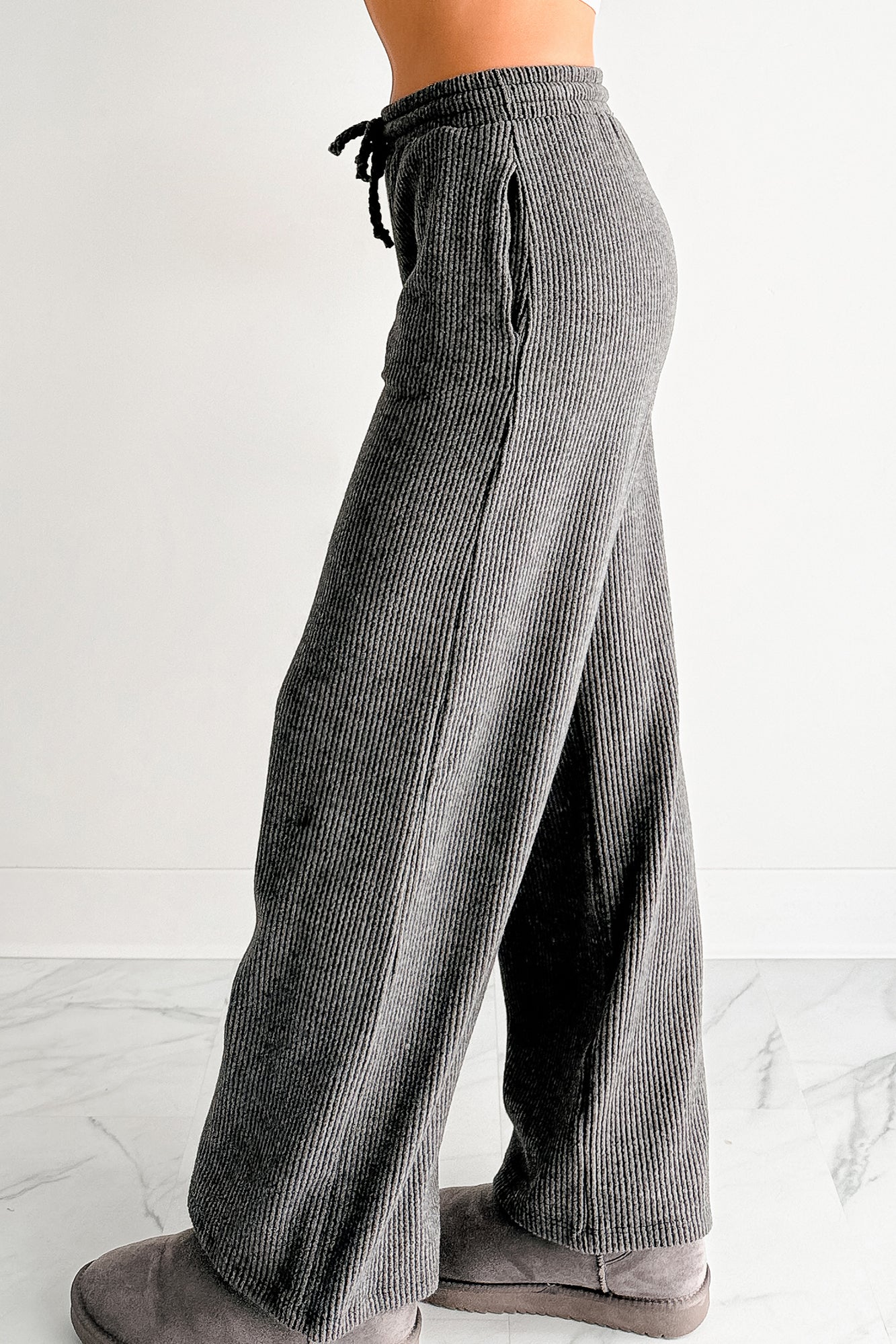 Cozy Feeling Ribbed Wide Leg Pants (Charcoal)-The Formal Wear