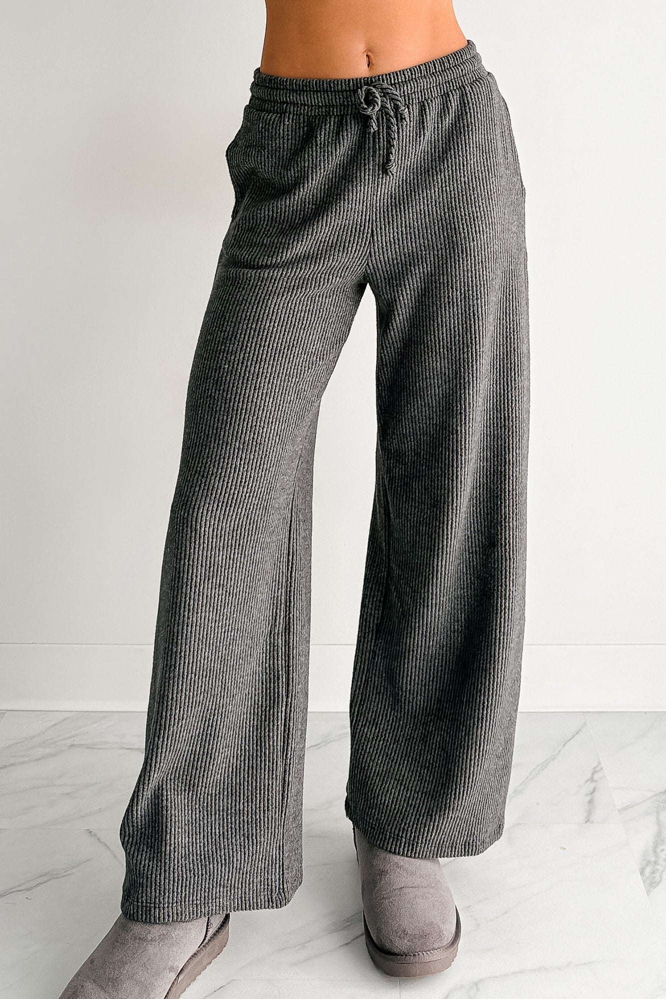 Cozy Feeling Ribbed Wide Leg Pants (Charcoal)-The Formal Wear
