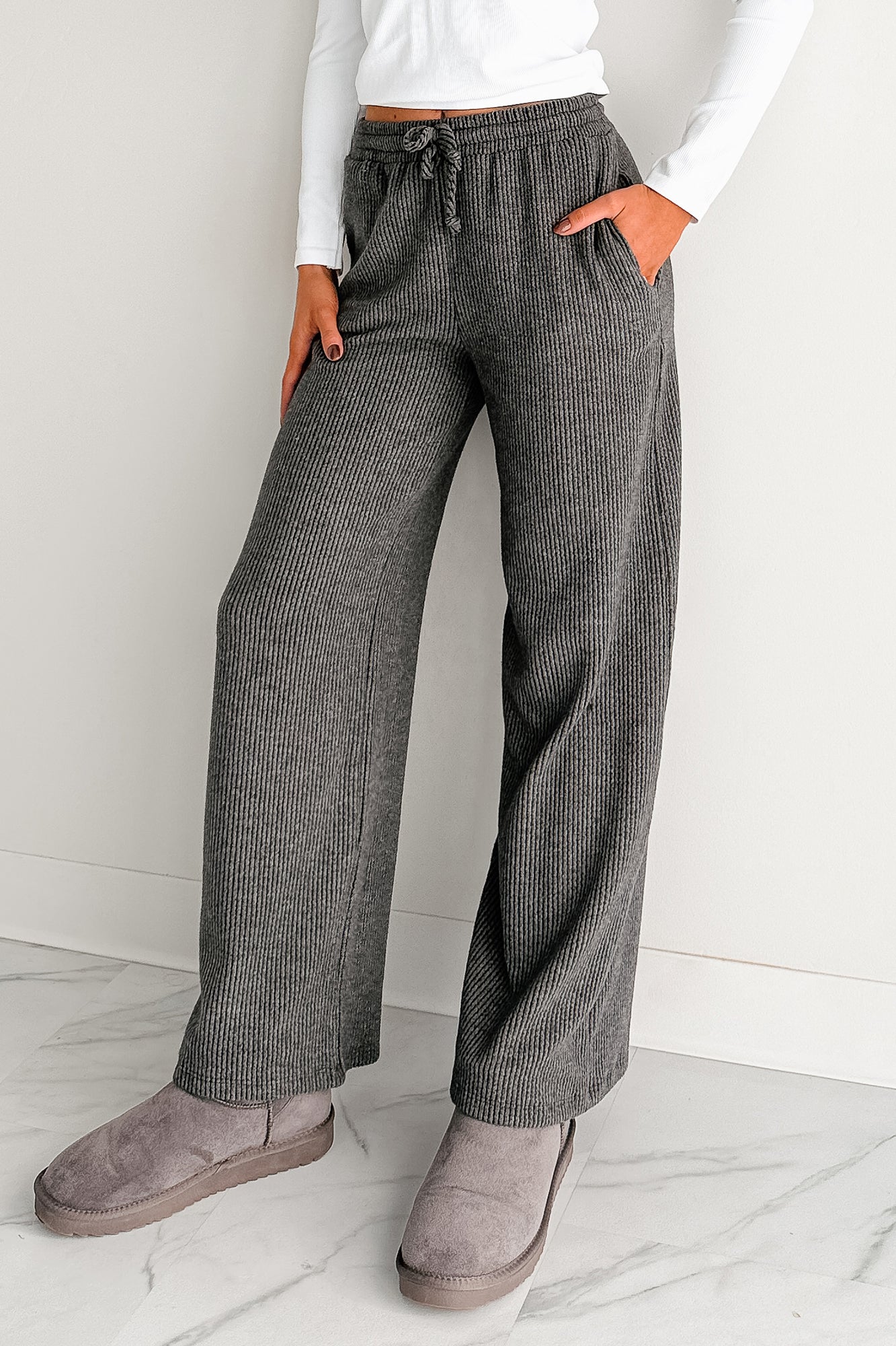 Cozy Feeling Ribbed Wide Leg Pants (Charcoal)-The Formal Wear