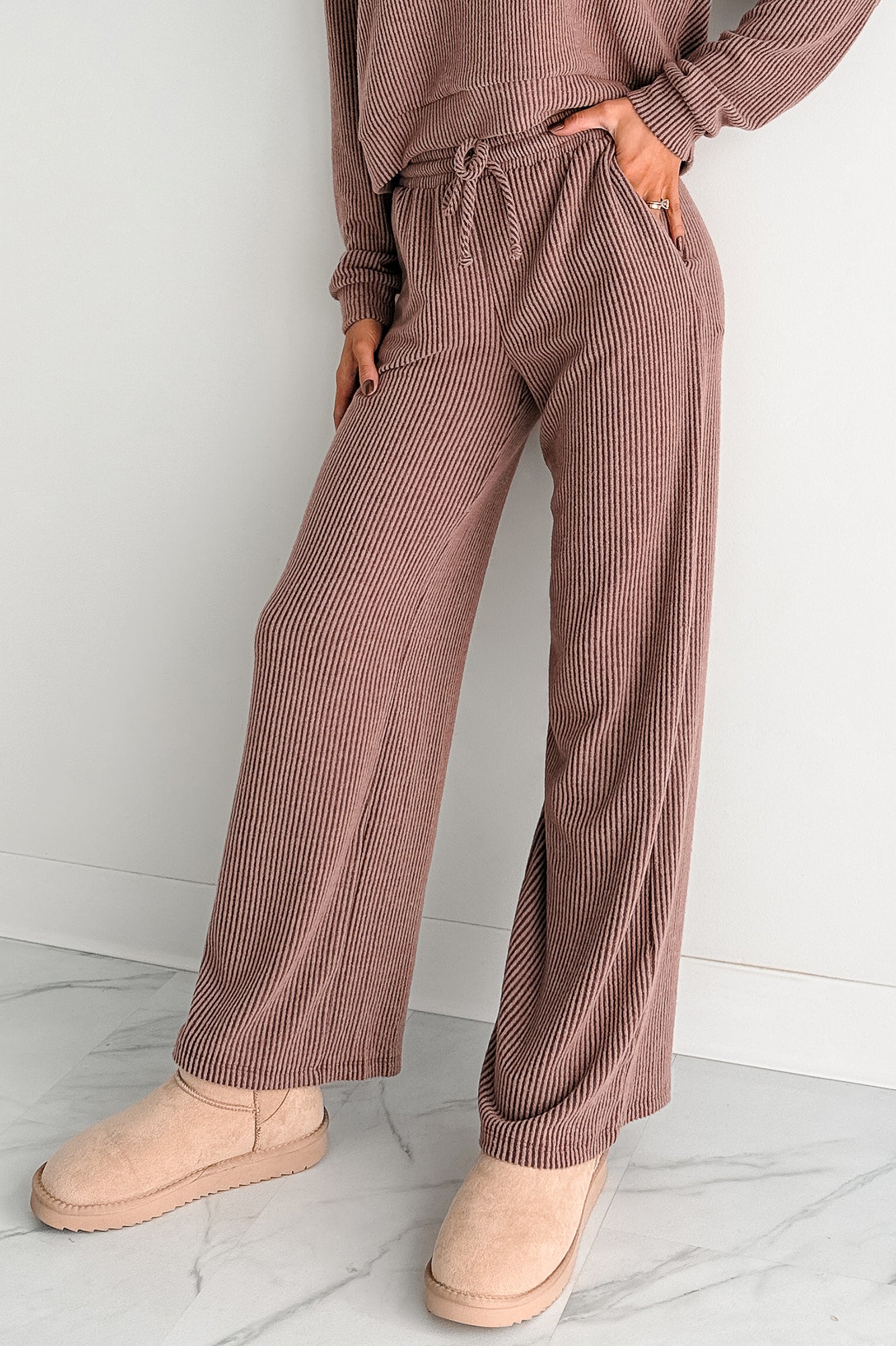 Cozy Feeling Ribbed Wide Leg Pants (Red Brown)-The Formal Wear