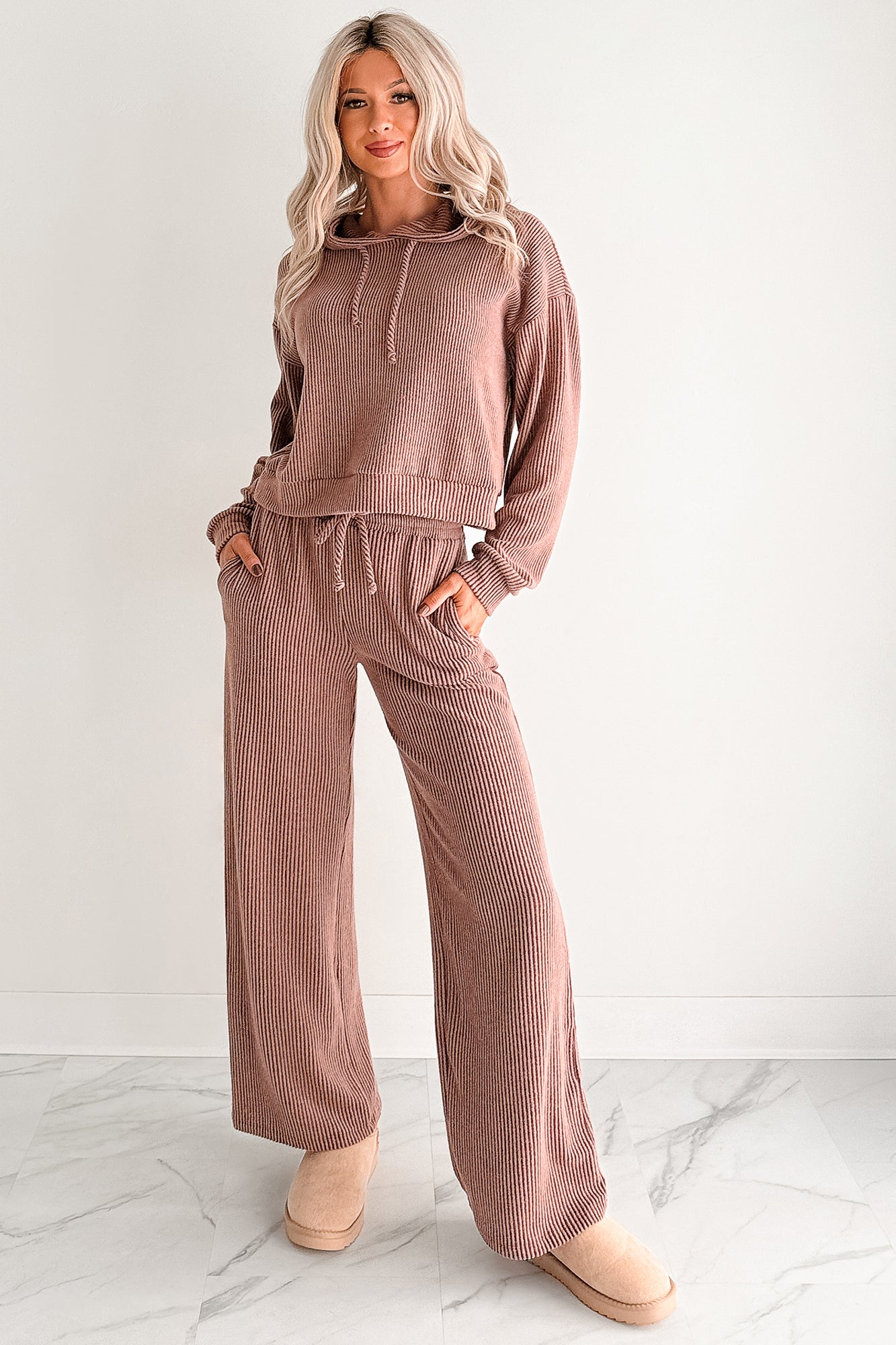 Cozy Feeling Ribbed Wide Leg Pants (Red Brown)-The Formal Wear