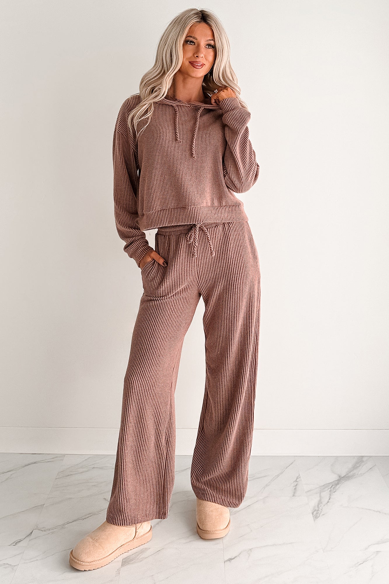 Cozy Feeling Ribbed Wide Leg Pants (Red Brown)-The Formal Wear