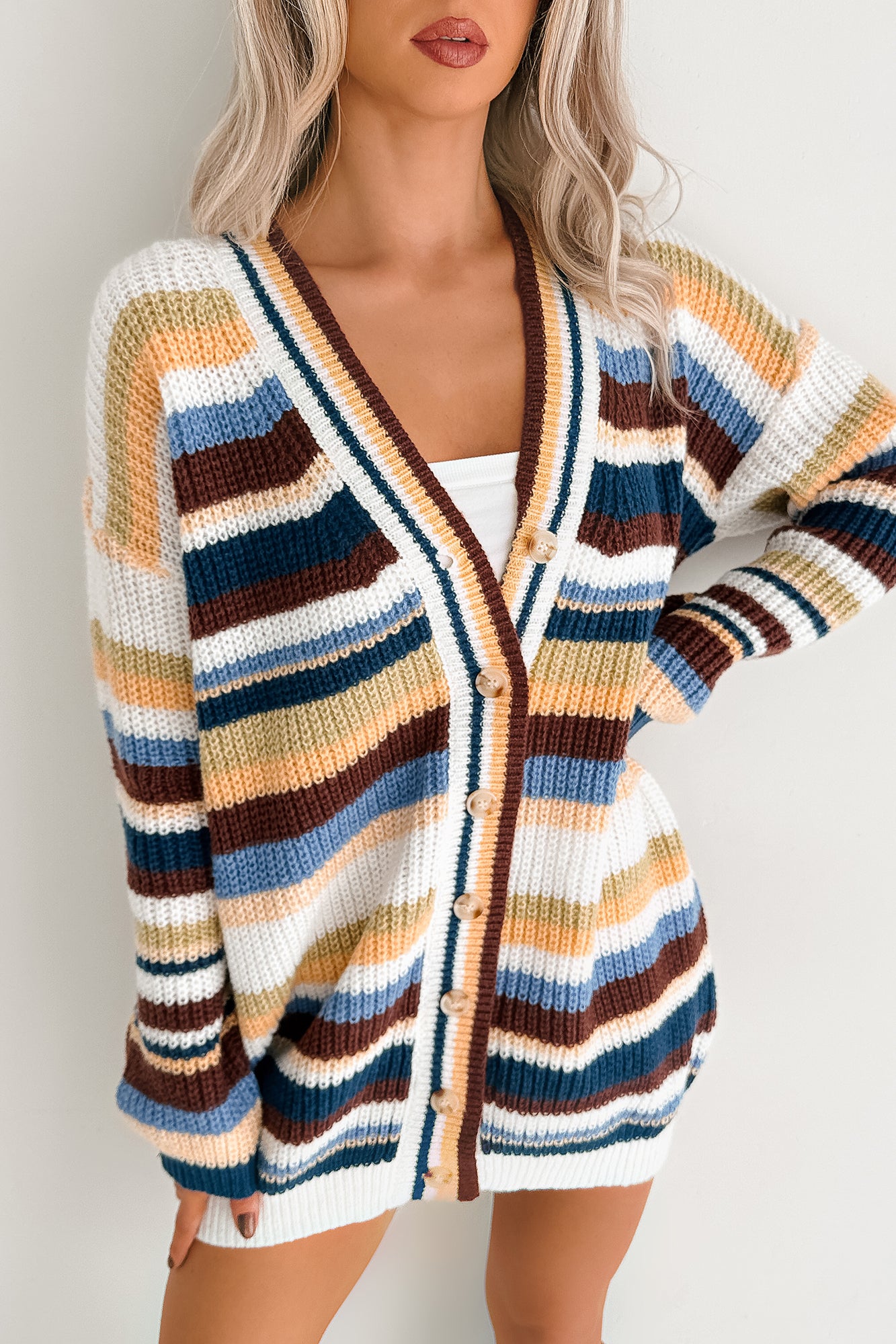 Carefree Comfort Striped Knit Cardigan (Blue/Multi)-The Formal Wear