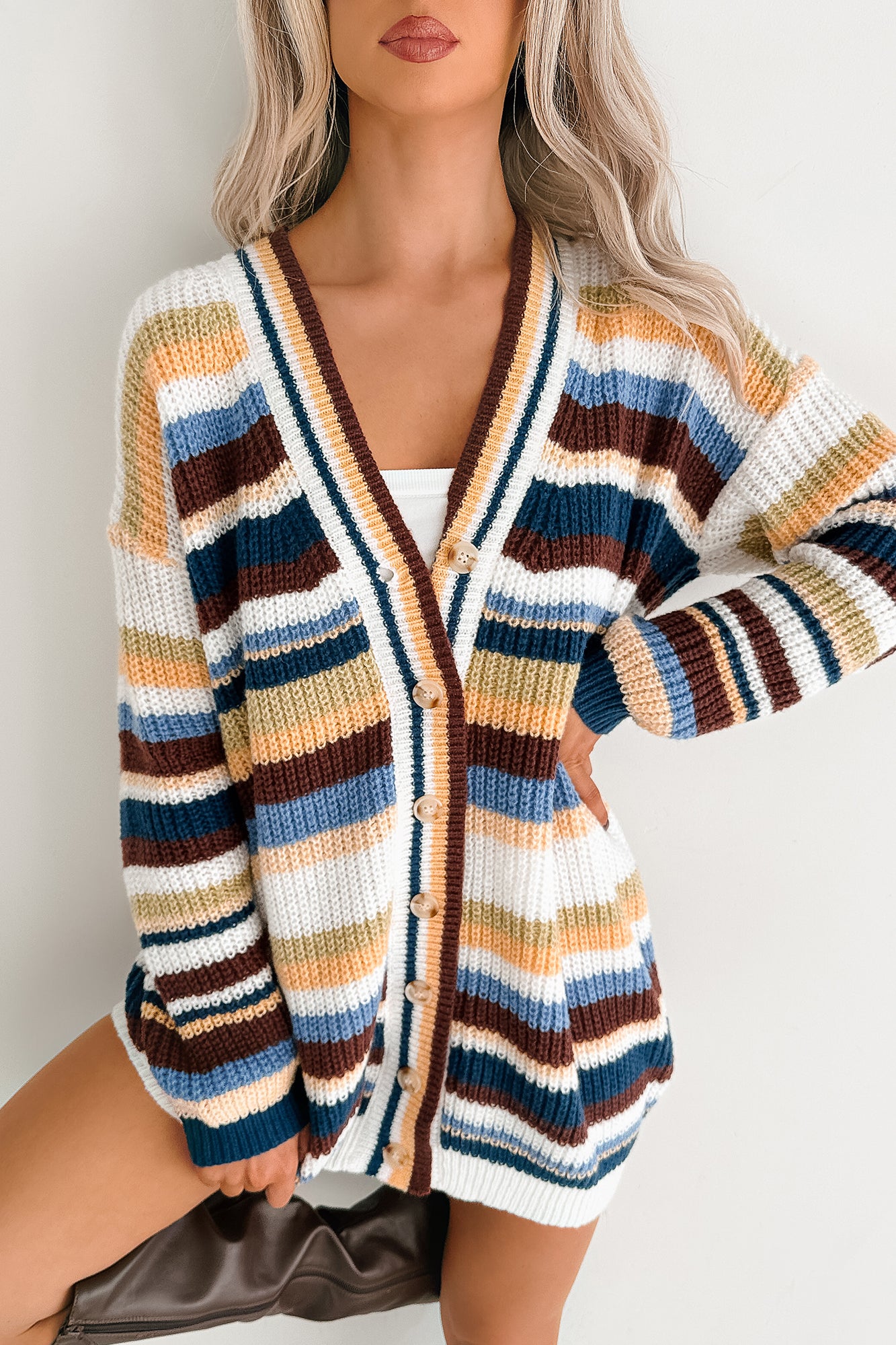 Carefree Comfort Striped Knit Cardigan (Blue/Multi)-The Formal Wear