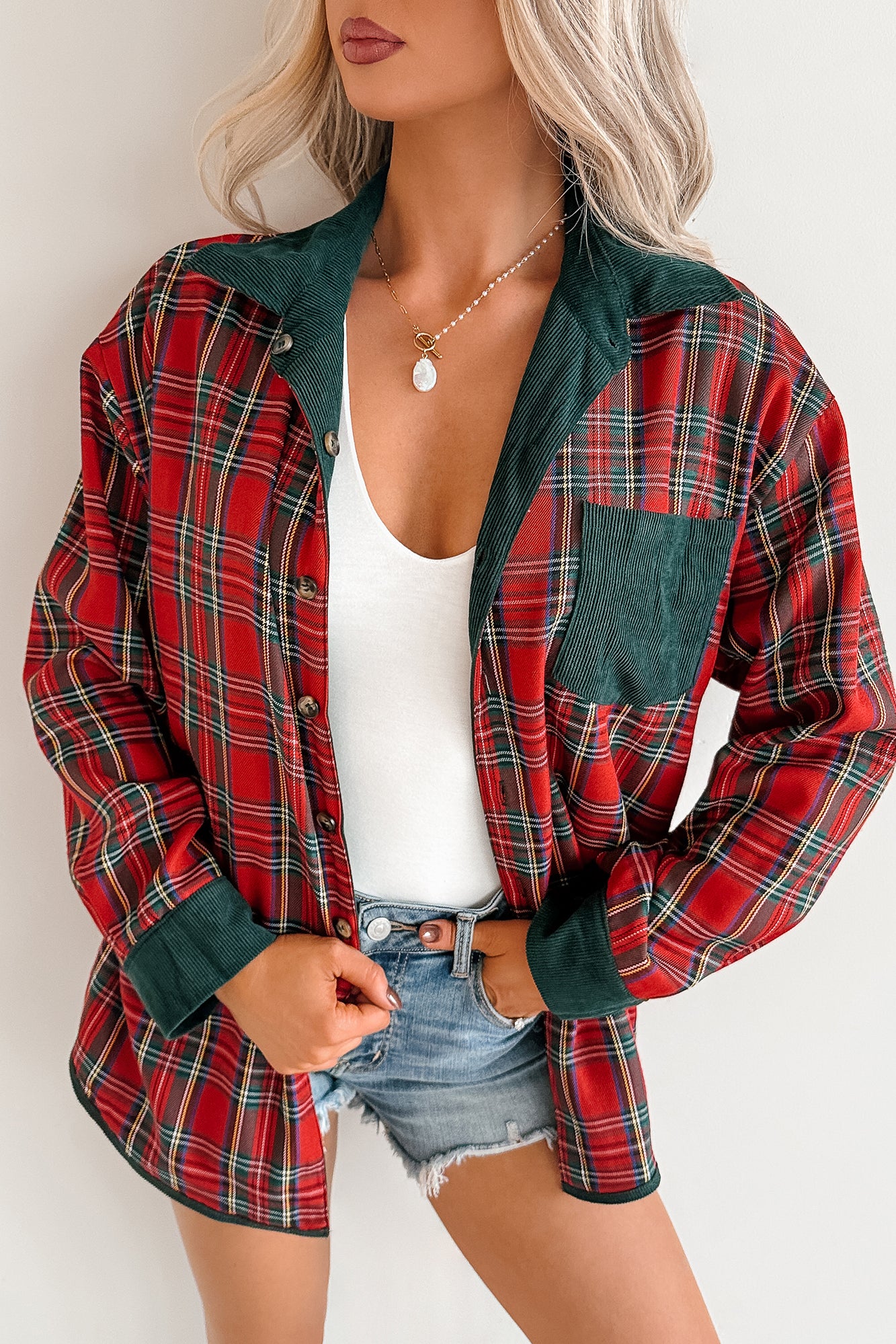 Merry Hour Corduroy Plaid Mello Shacket (Dark Green/Red)-The Formal Wear