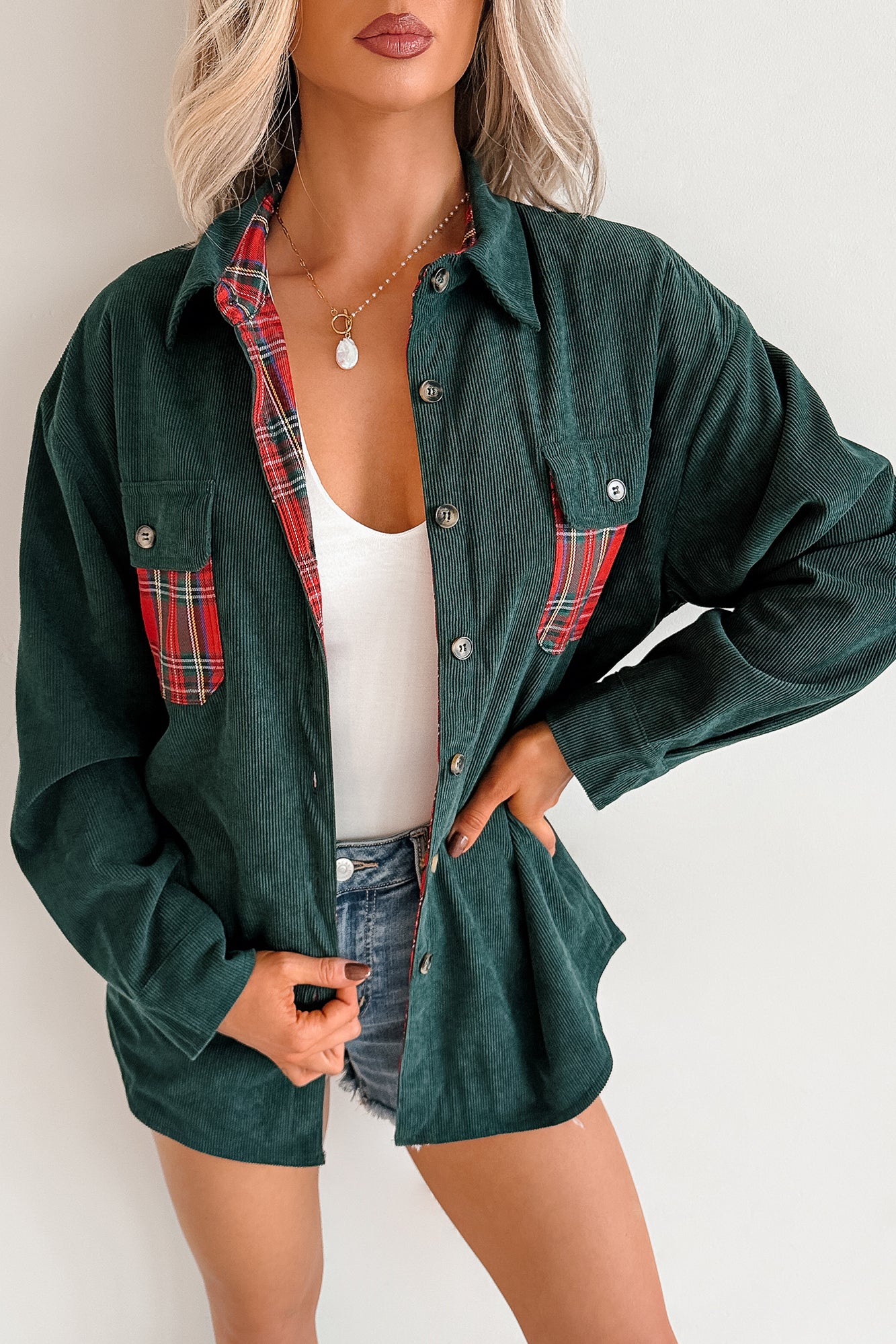 Merry Hour Corduroy Plaid Mello Shacket (Dark Green/Red)-The Formal Wear