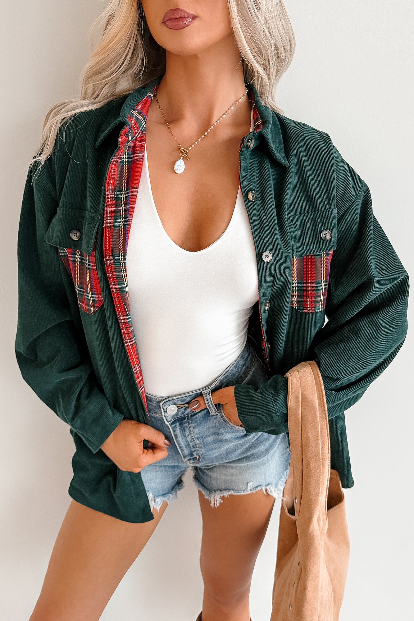 Merry Hour Corduroy Plaid Mello Shacket (Dark Green/Red)-The Formal Wear