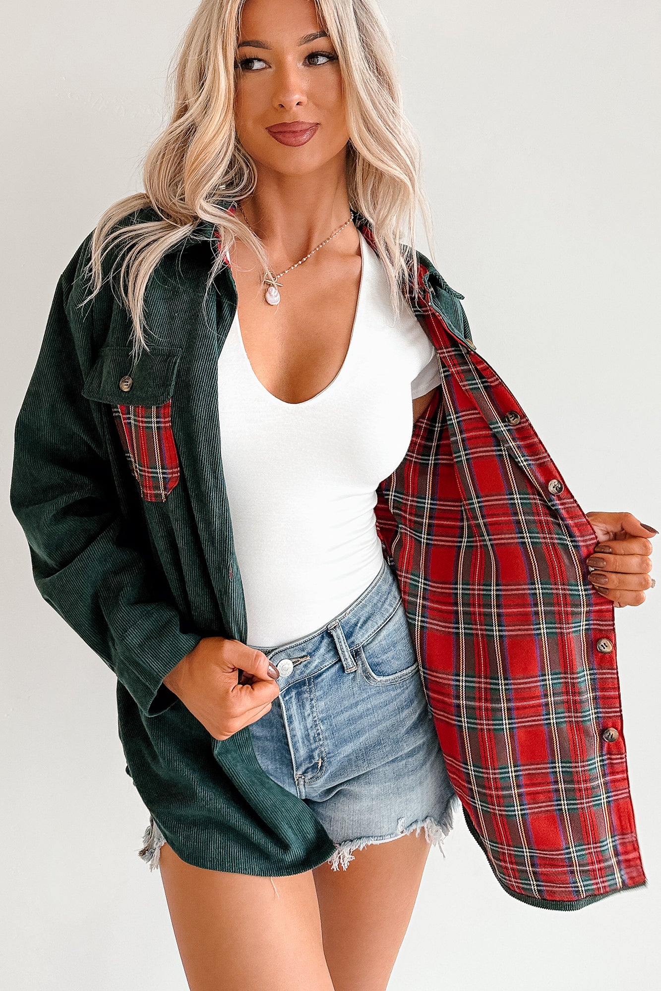 Merry Hour Corduroy Plaid Mello Shacket (Dark Green/Red)-The Formal Wear