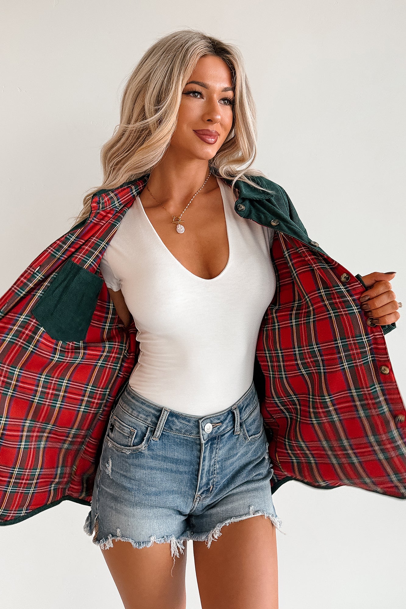 Merry Hour Corduroy Plaid Mello Shacket (Dark Green/Red)-The Formal Wear