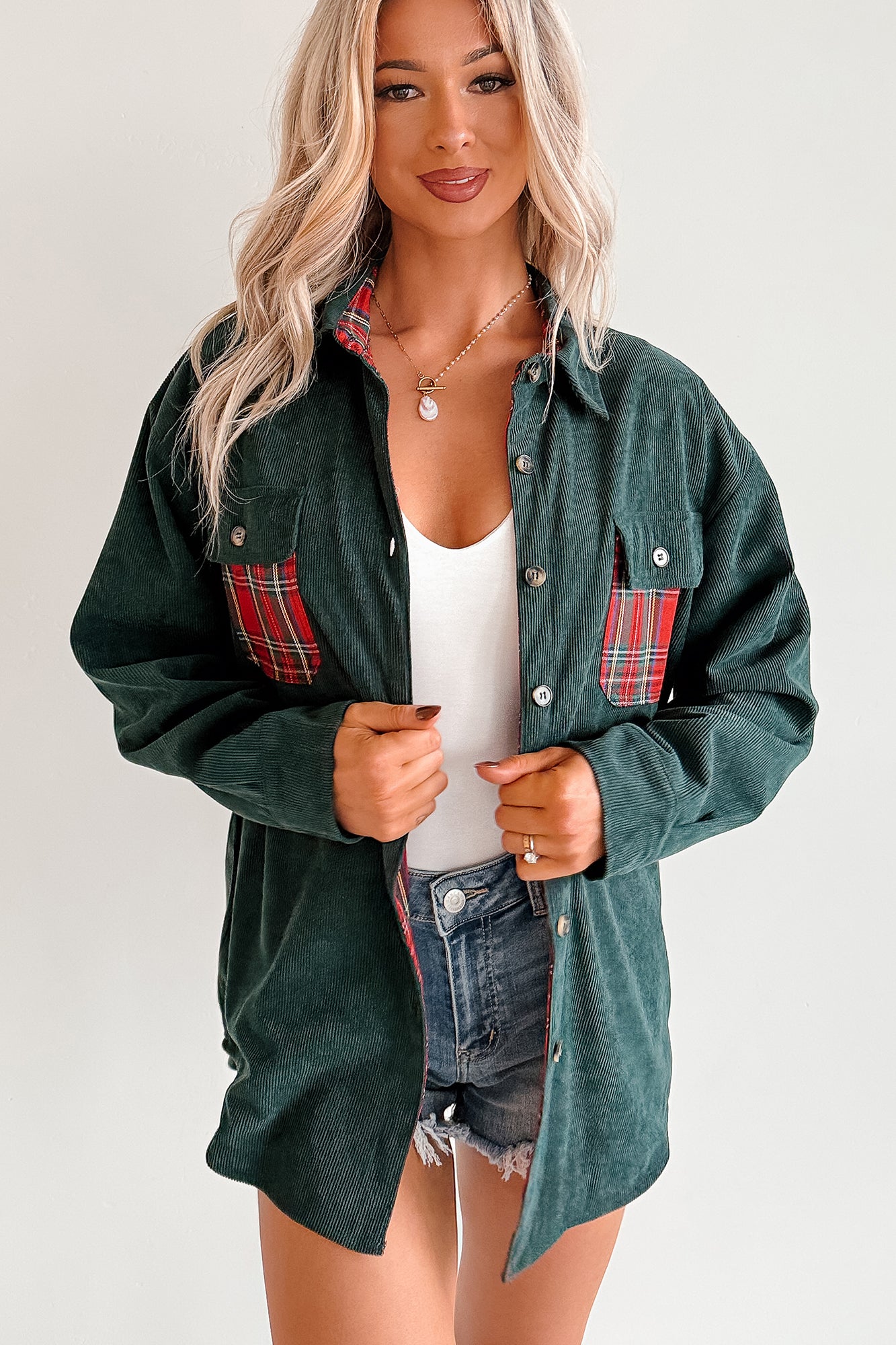 Merry Hour Corduroy Plaid Mello Shacket (Dark Green/Red)-The Formal Wear