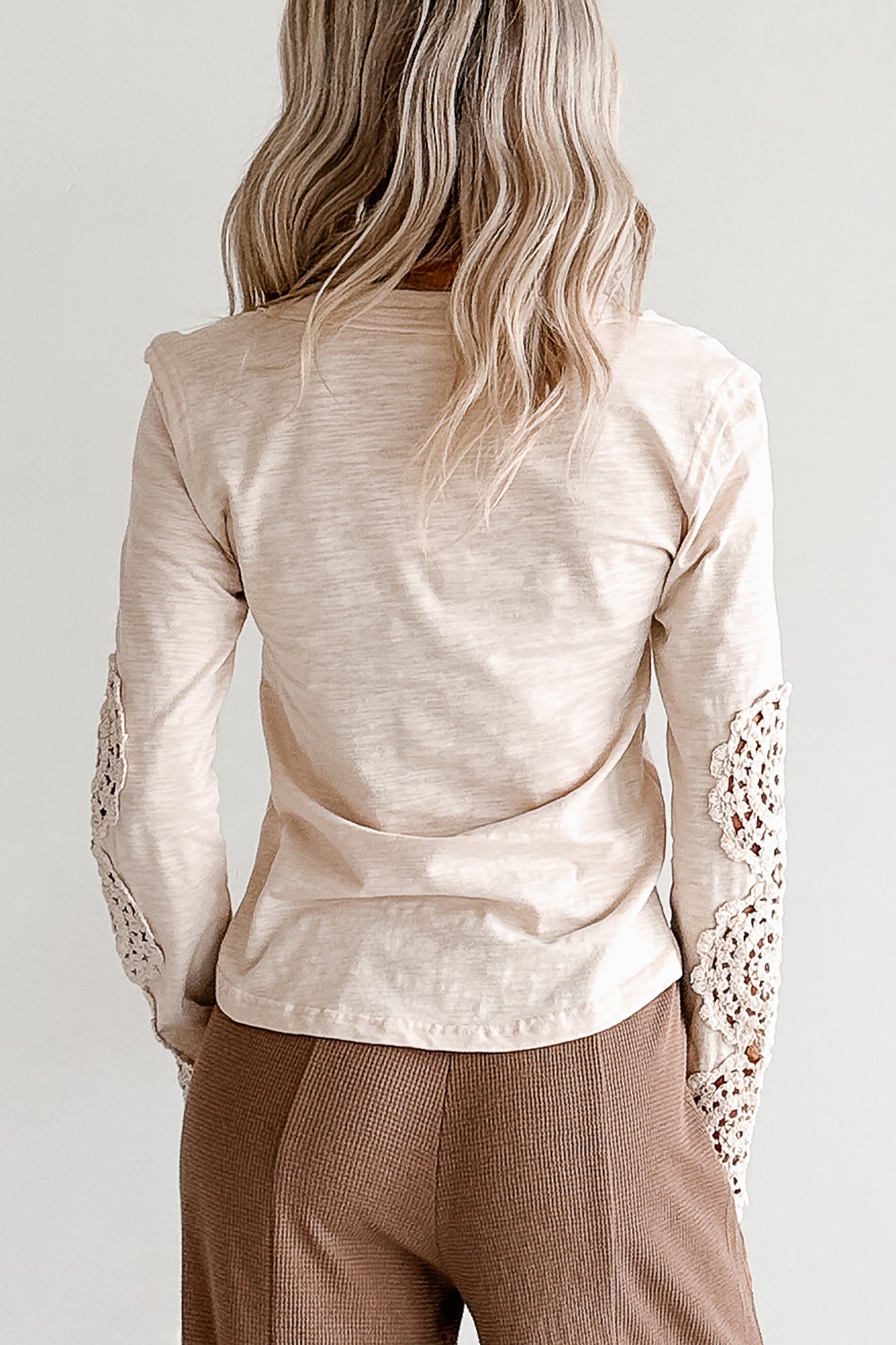 Heart Racing Crochet Lace Sleeve Henley Top (Natural)-The Formal Wear