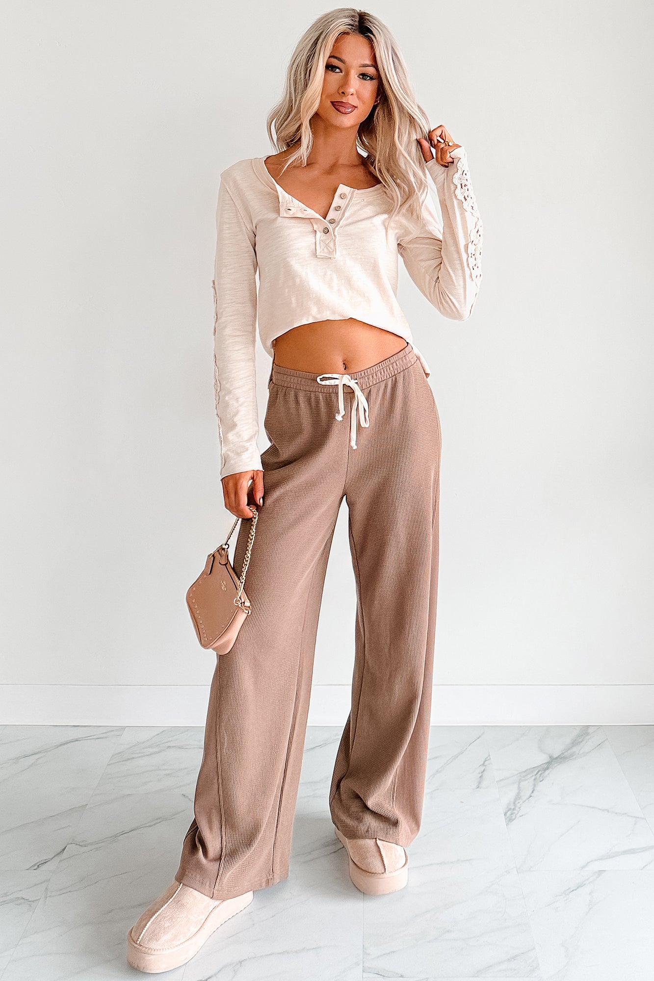 In The Daylight Contrast Tie Waffle Knit Pants (Mocha)-The Formal Wear