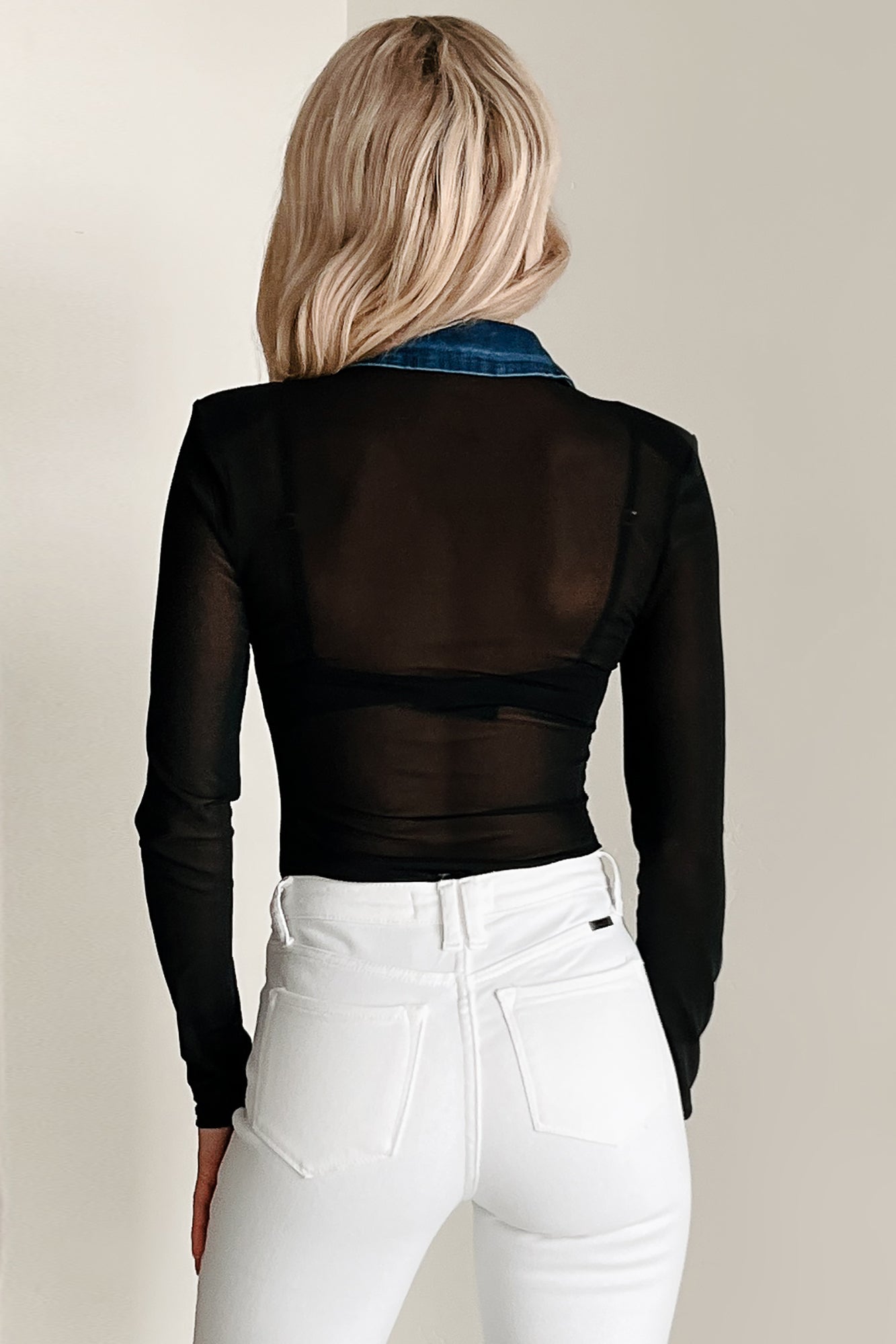 Full Of Fire Denim Mesh Zip-Up Bodysuit (Denim/Black)-The Formal Wear