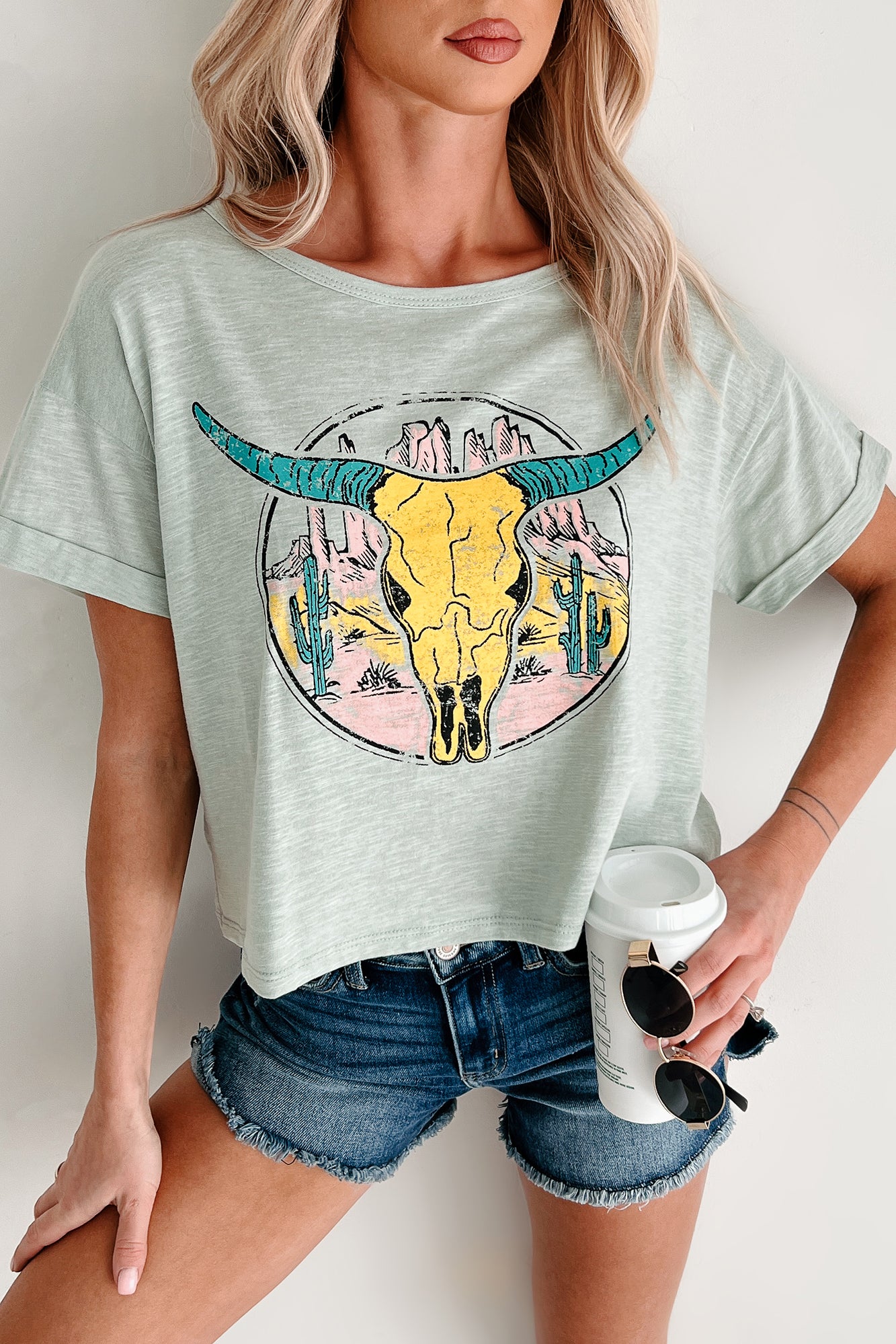 Back In The Saddle Boxy Bull Skull Graphic T-Shirt (Sage)-The Formal Wear