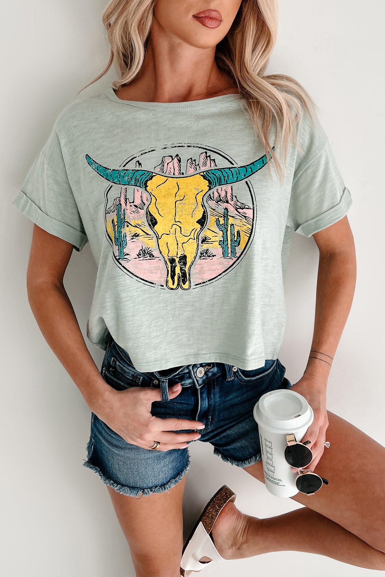 Back In The Saddle Boxy Bull Skull Graphic T-Shirt (Sage)-The Formal Wear