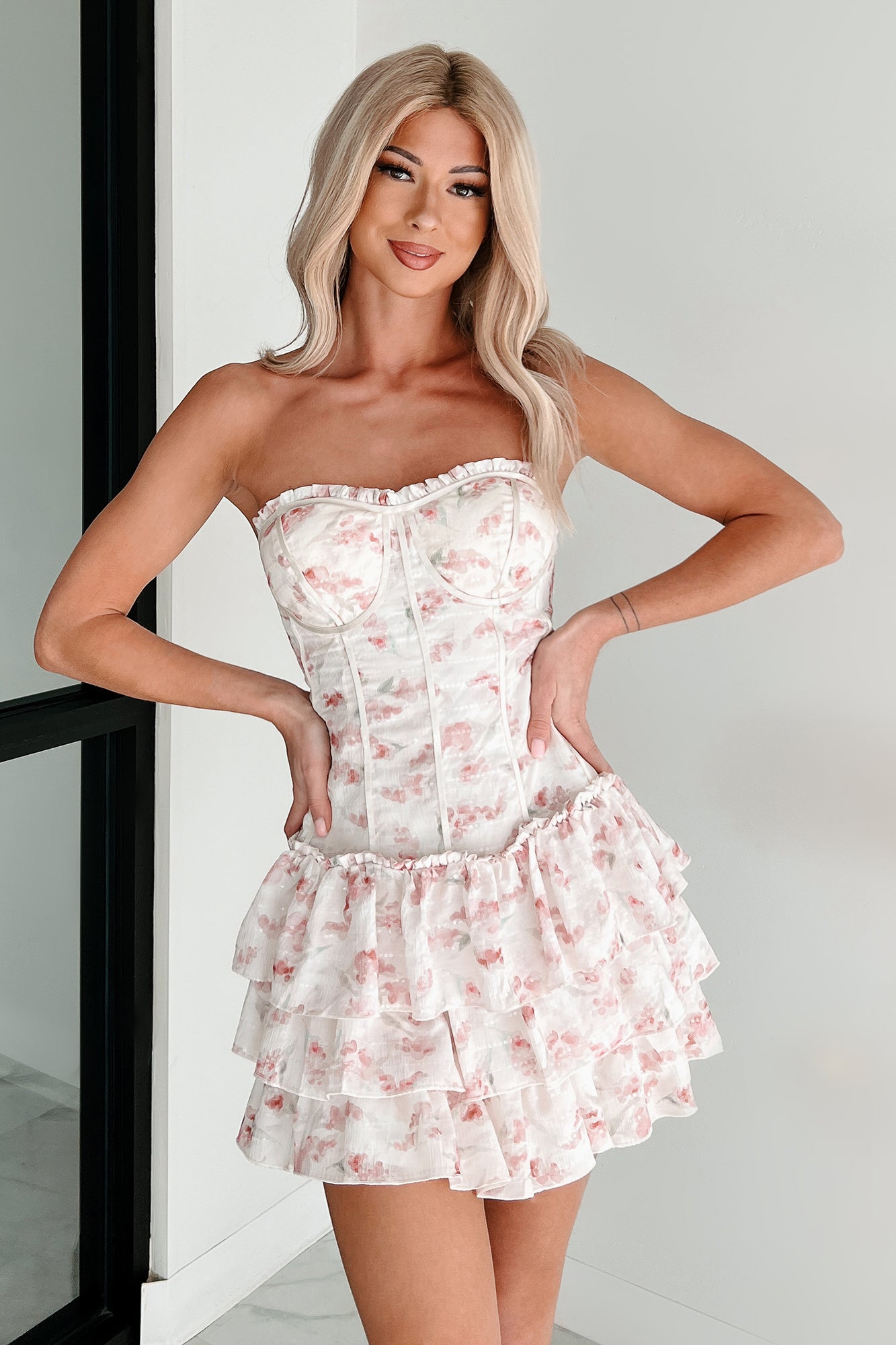 Floral Whispers Strapless Floral Sequin Mini Dress (Pink)-The Formal Wear
