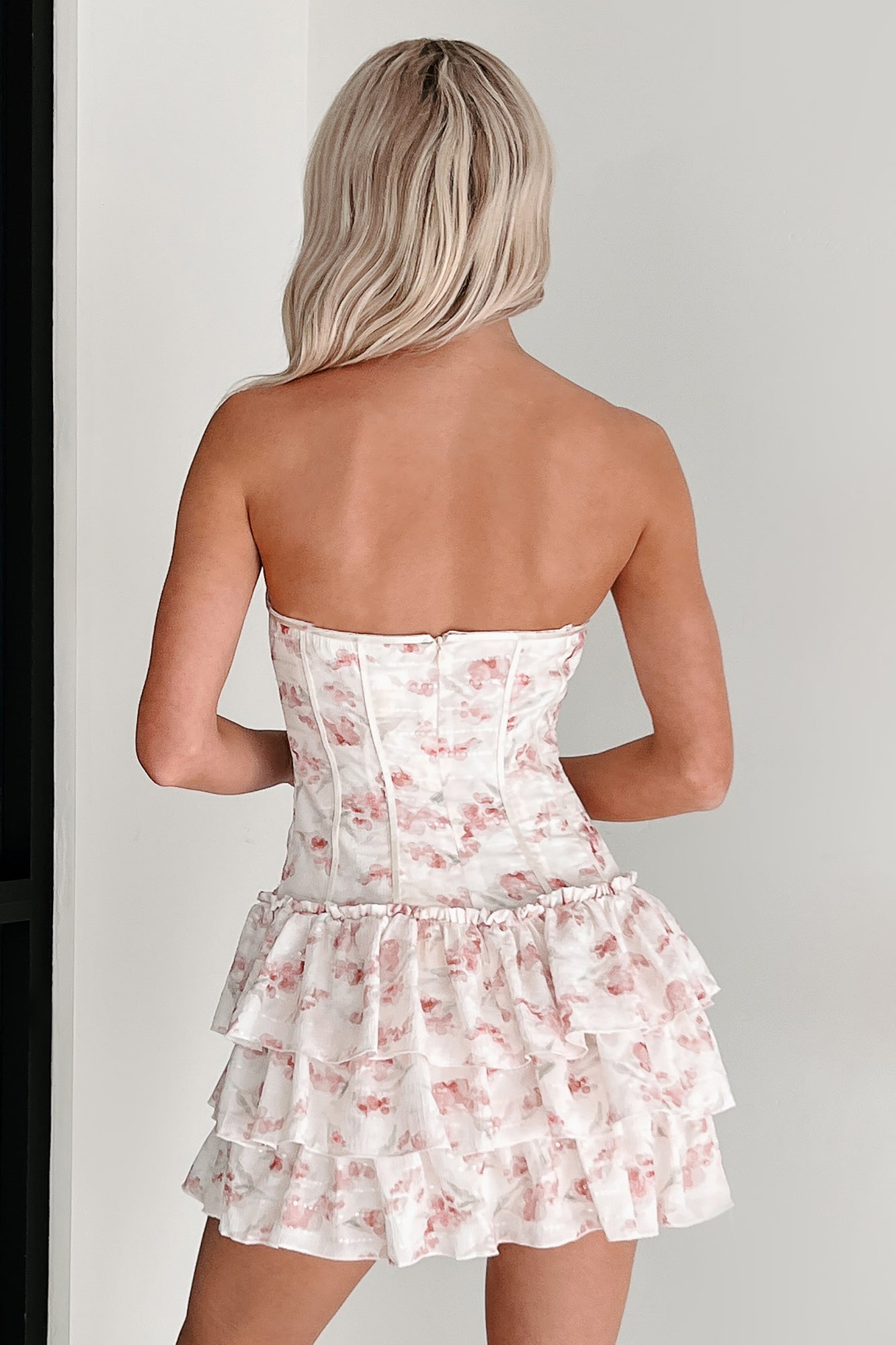 Floral Whispers Strapless Floral Sequin Mini Dress (Pink)-The Formal Wear