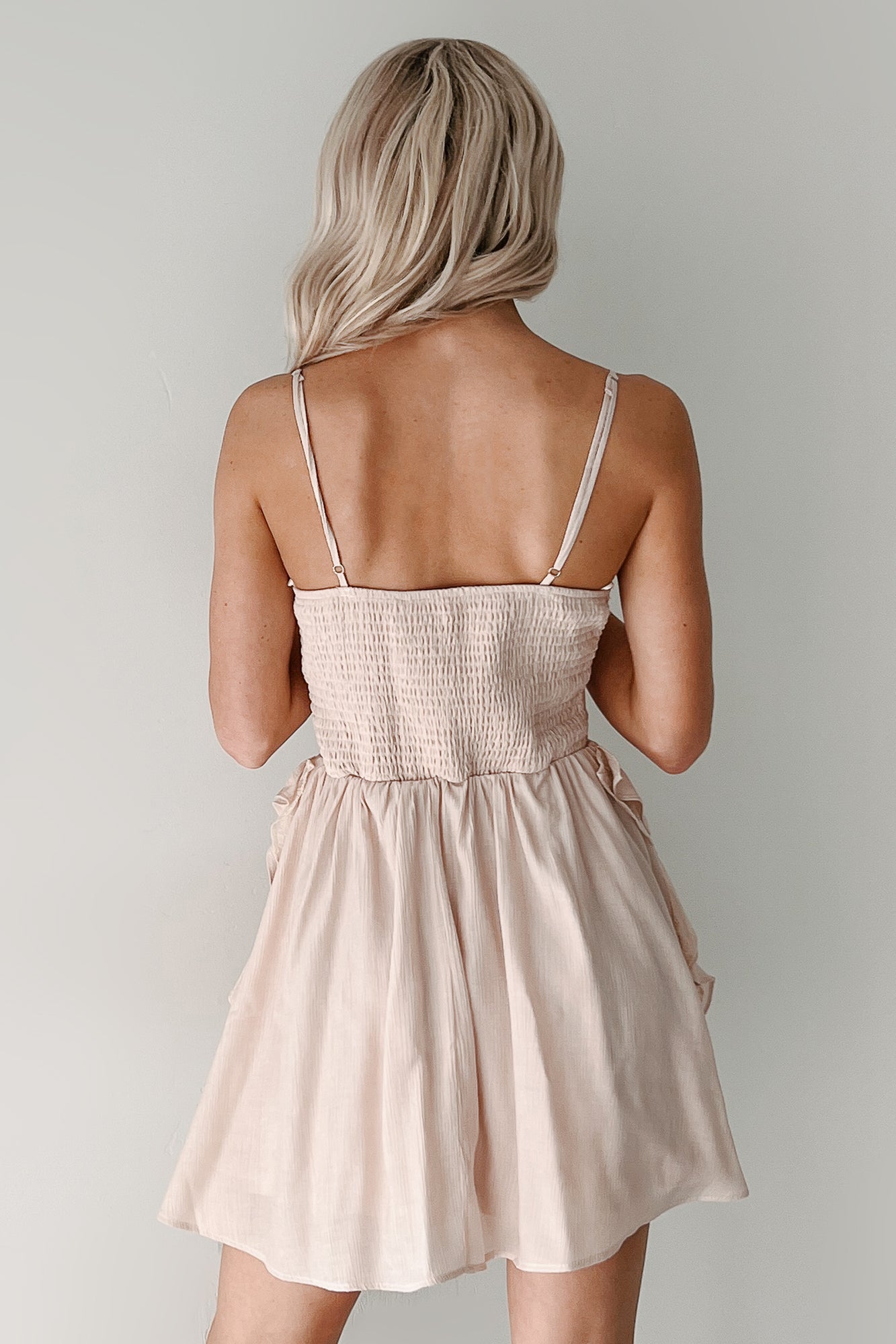 Romantic Edge Sleeveless Ruffle Mini Dress (Sand)-The Formal Wear