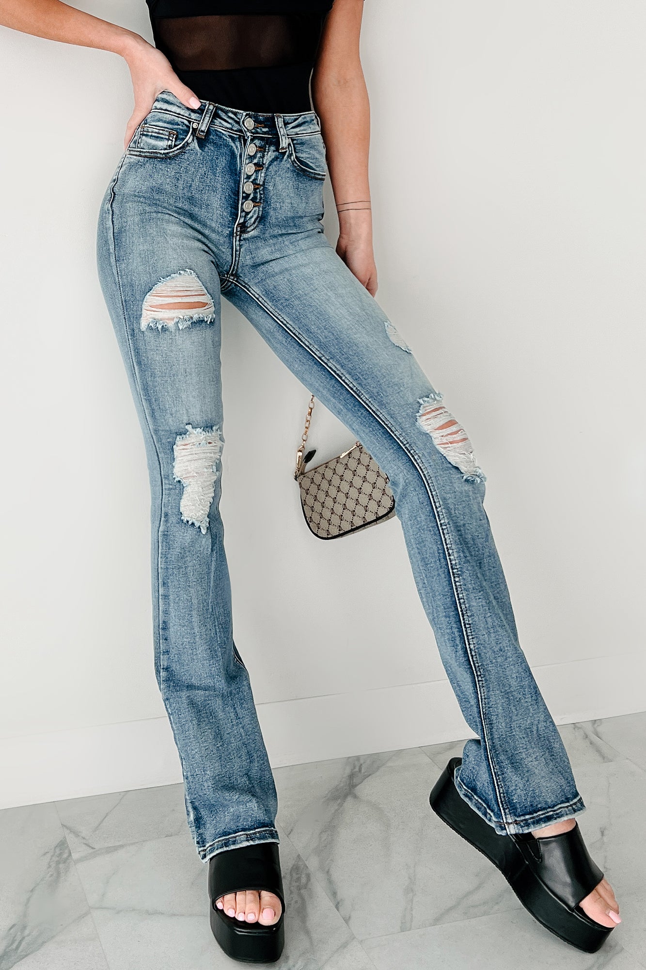 Aysha High Rise Distressed Indigo Reign Flare Jeans (Medium)-The Formal Wear