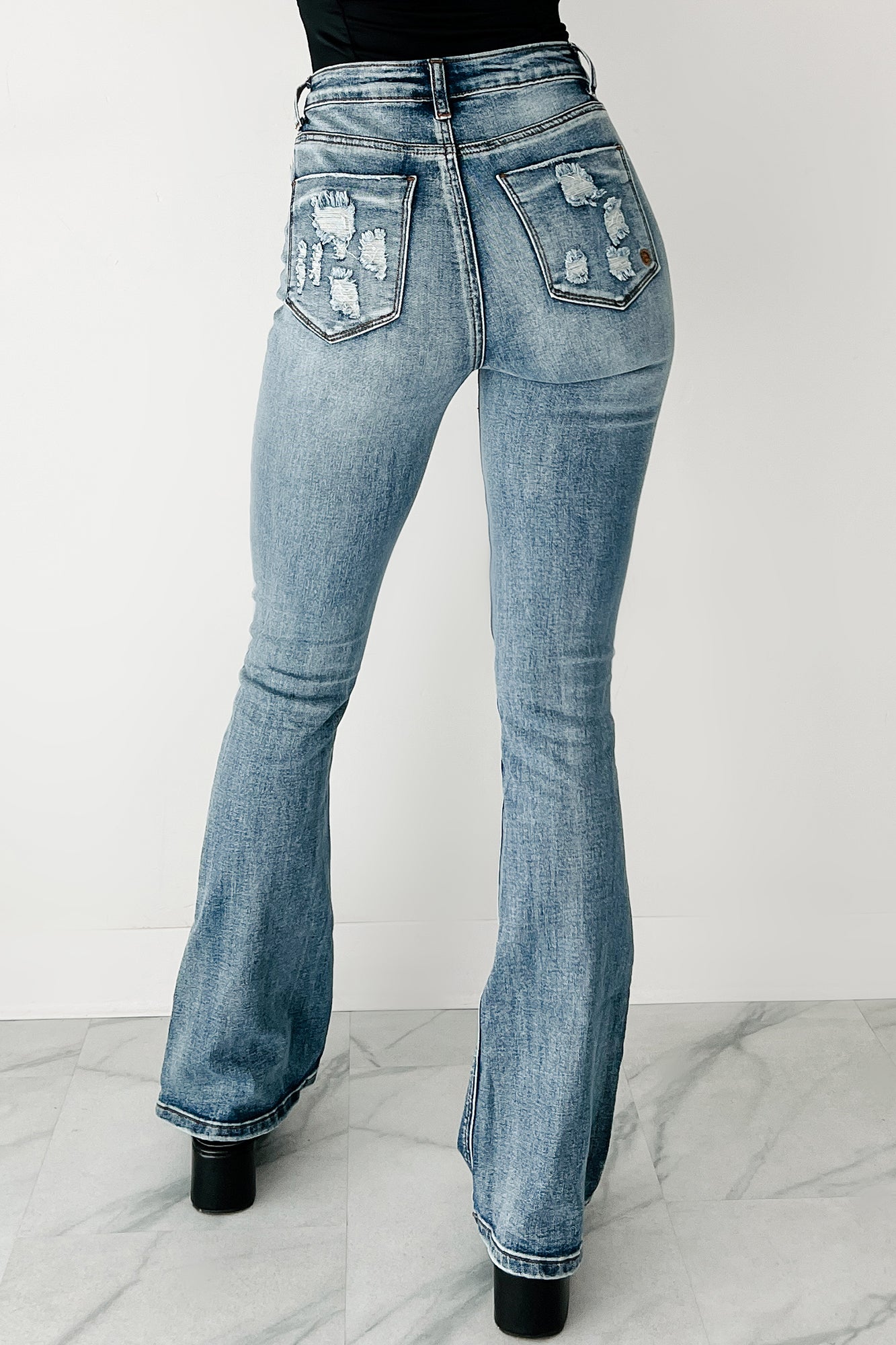 Aysha High Rise Distressed Indigo Reign Flare Jeans (Medium)-The Formal Wear