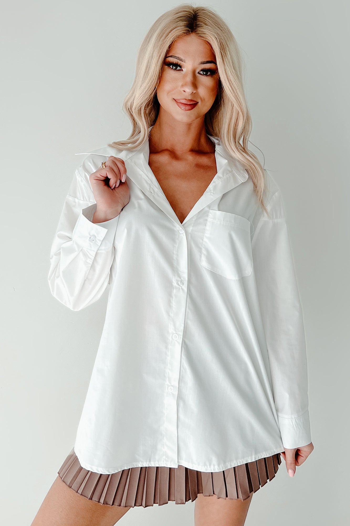 Deadline Hustle Long Sleeve Collared Top (White)-The Formal Wear