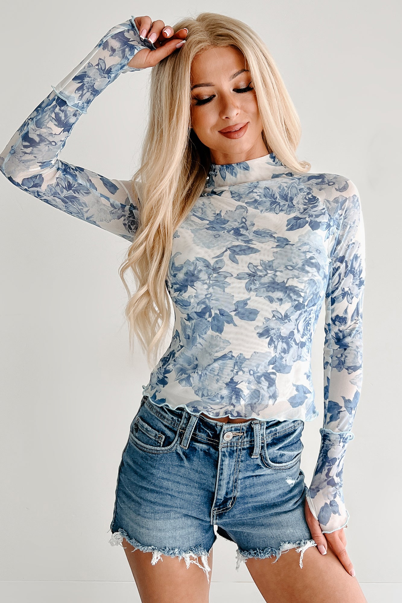Hooked On You Floral Mesh Long Sleeve Top (White/Blue)-The Formal Wear